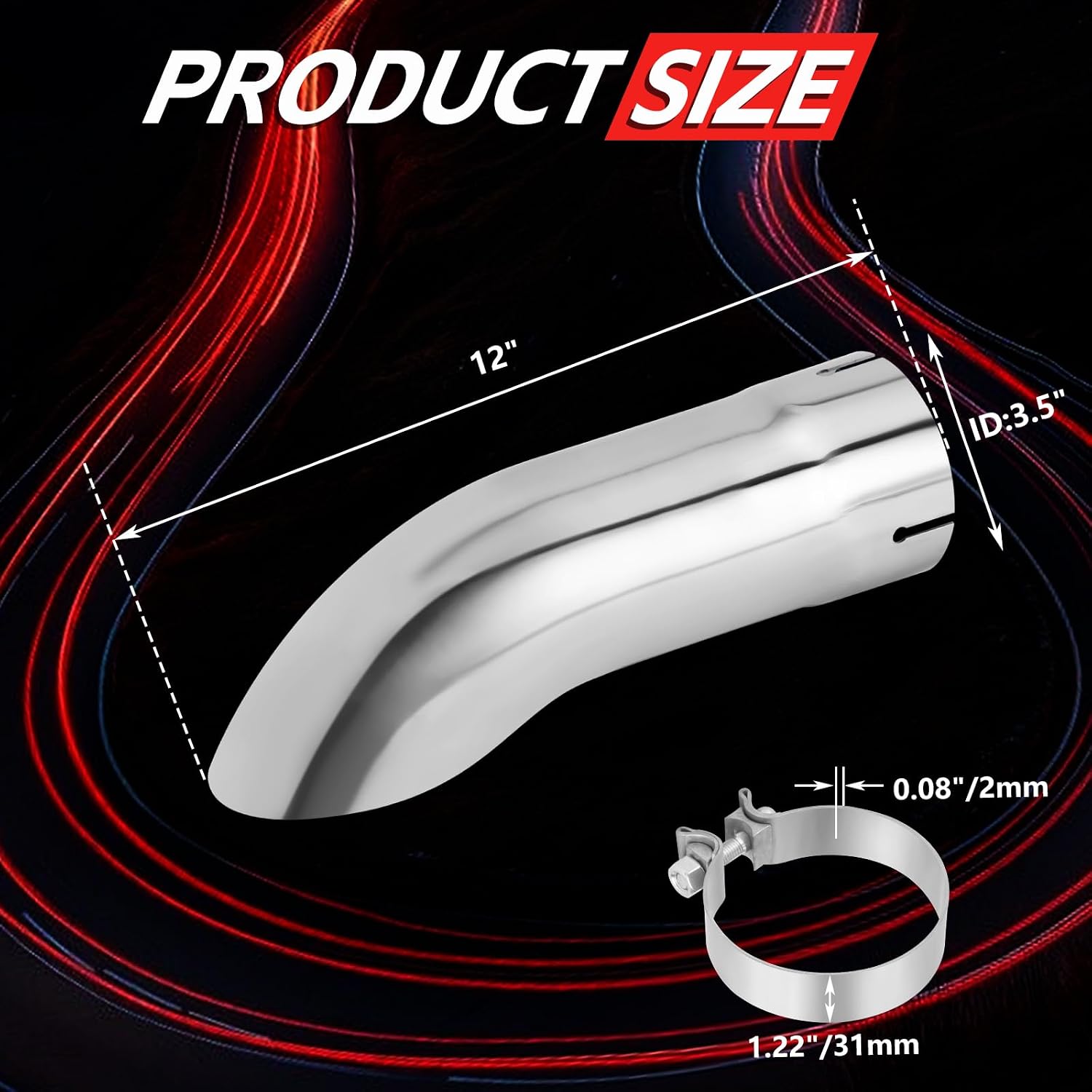 LCGP 3.5 Inch Inlet Turn Down Exhaust Tip, 3 1/2 Inch Inside Diameter Inlet, 12" Length Clamp On Stainless Steel Turndown Exhaust Pipe
