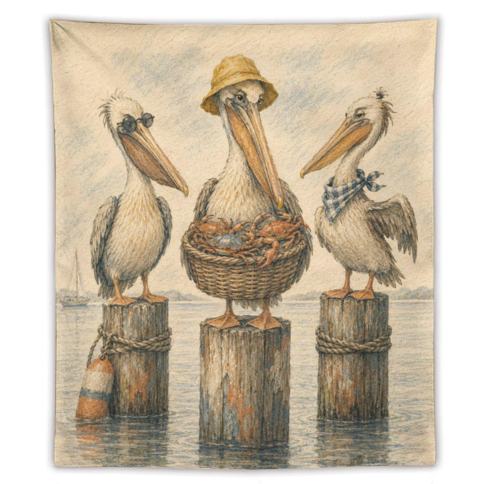 W7C8U2X3 Pelicans on Wooden Posts Wall Tapestry, Watercolor, Living Room