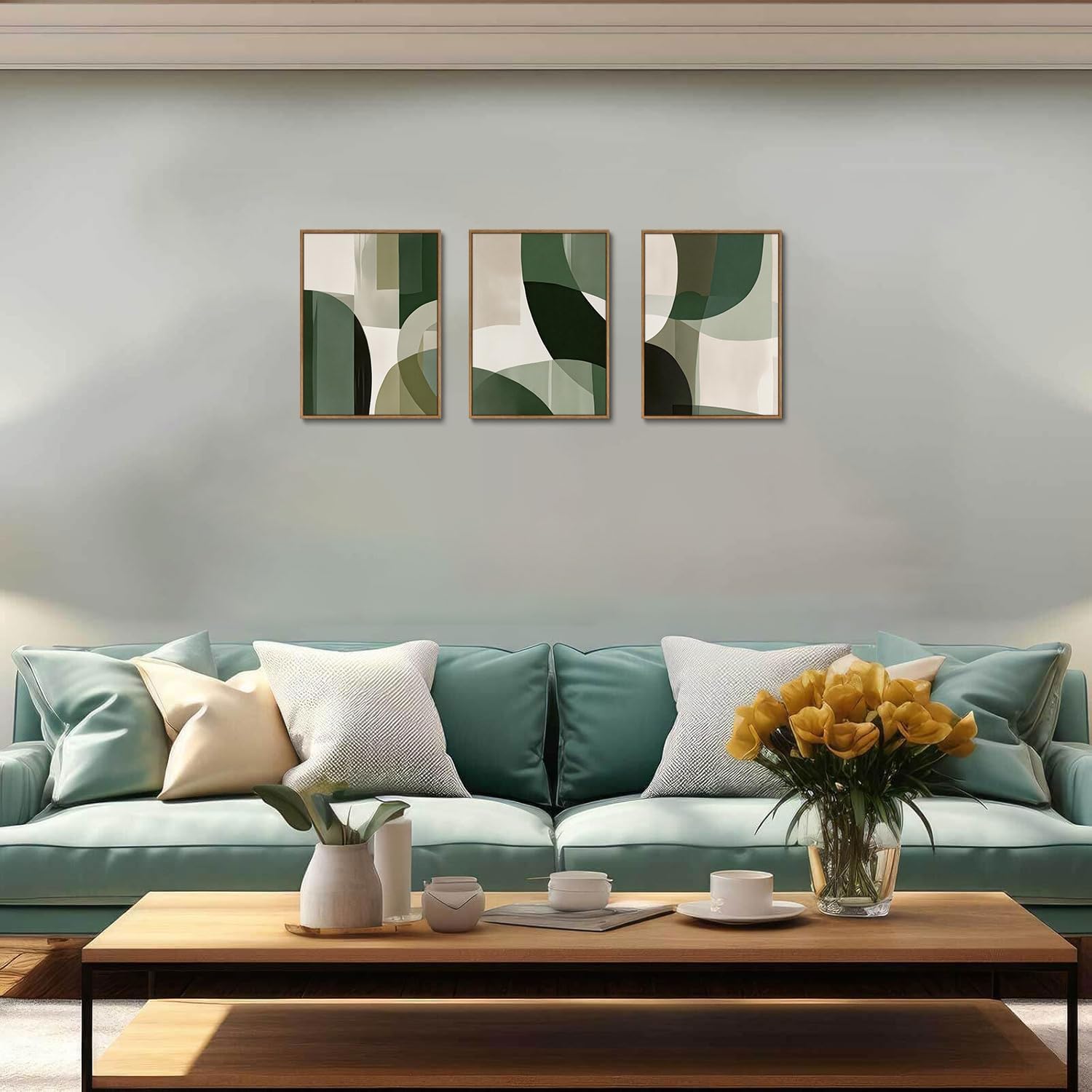 KISSFOX 3 Piece Framed Wall Art Abstract Wall Decor Black White Green Pictures Modern Minimalist Canvas Art Large Contemporary Paintings Artwork for Living Room Bedroom Office