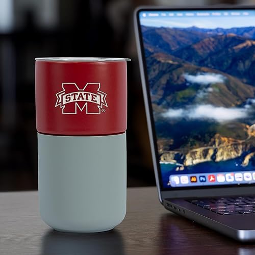 Miniatura 513 de Rico Industries NCAA Miami of Ohio Redhawks - Vaso de cerámica de 16 onzas con agarre de silicona, grabado láser profundo, diseño de color negro