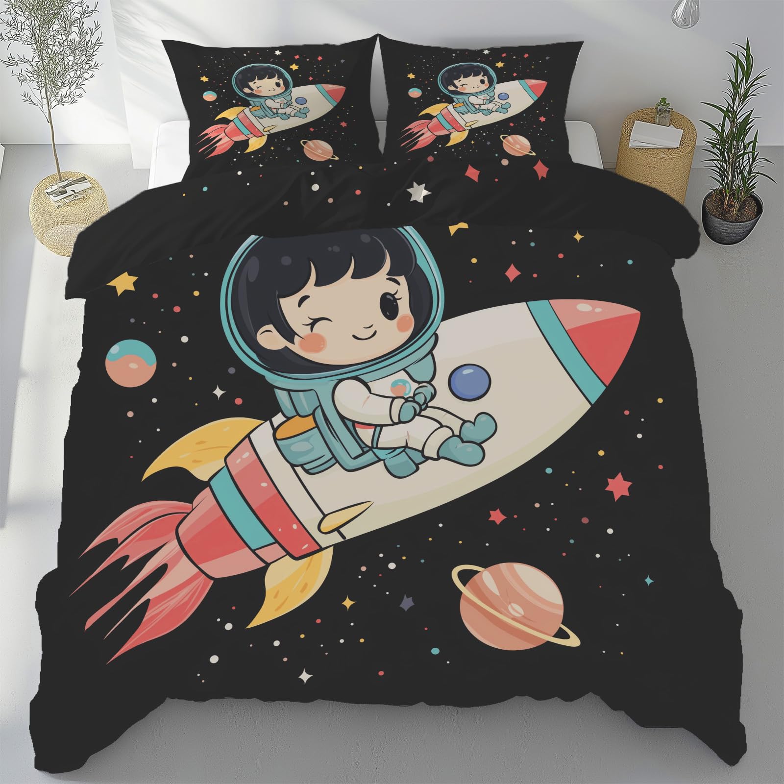 Parure de lit 240x260 cm astronaute avec housse de couette univers et taies d'oreiller