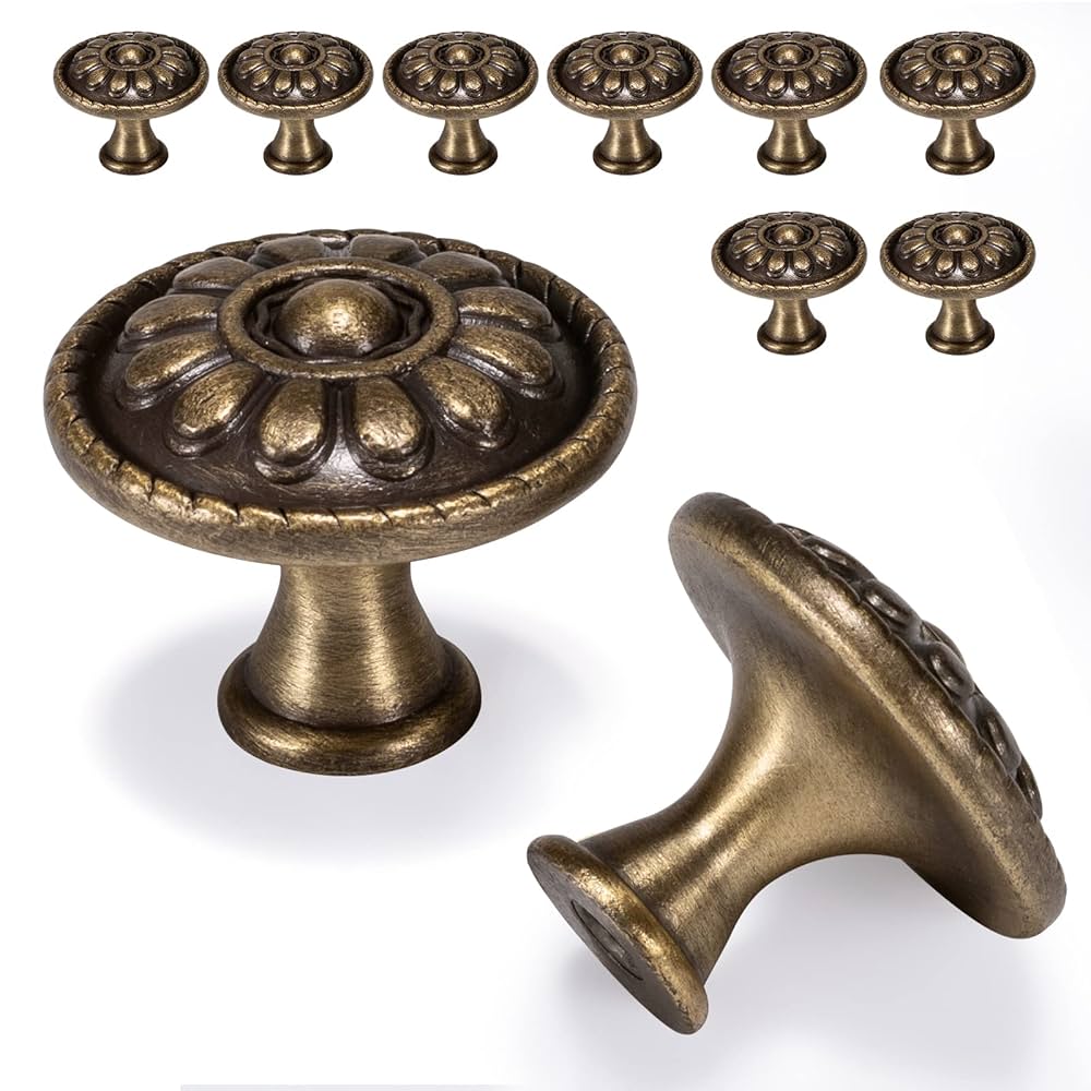 Fecraf 10 Pack Antique Brass Cabinet Knobs, Vintage Retro