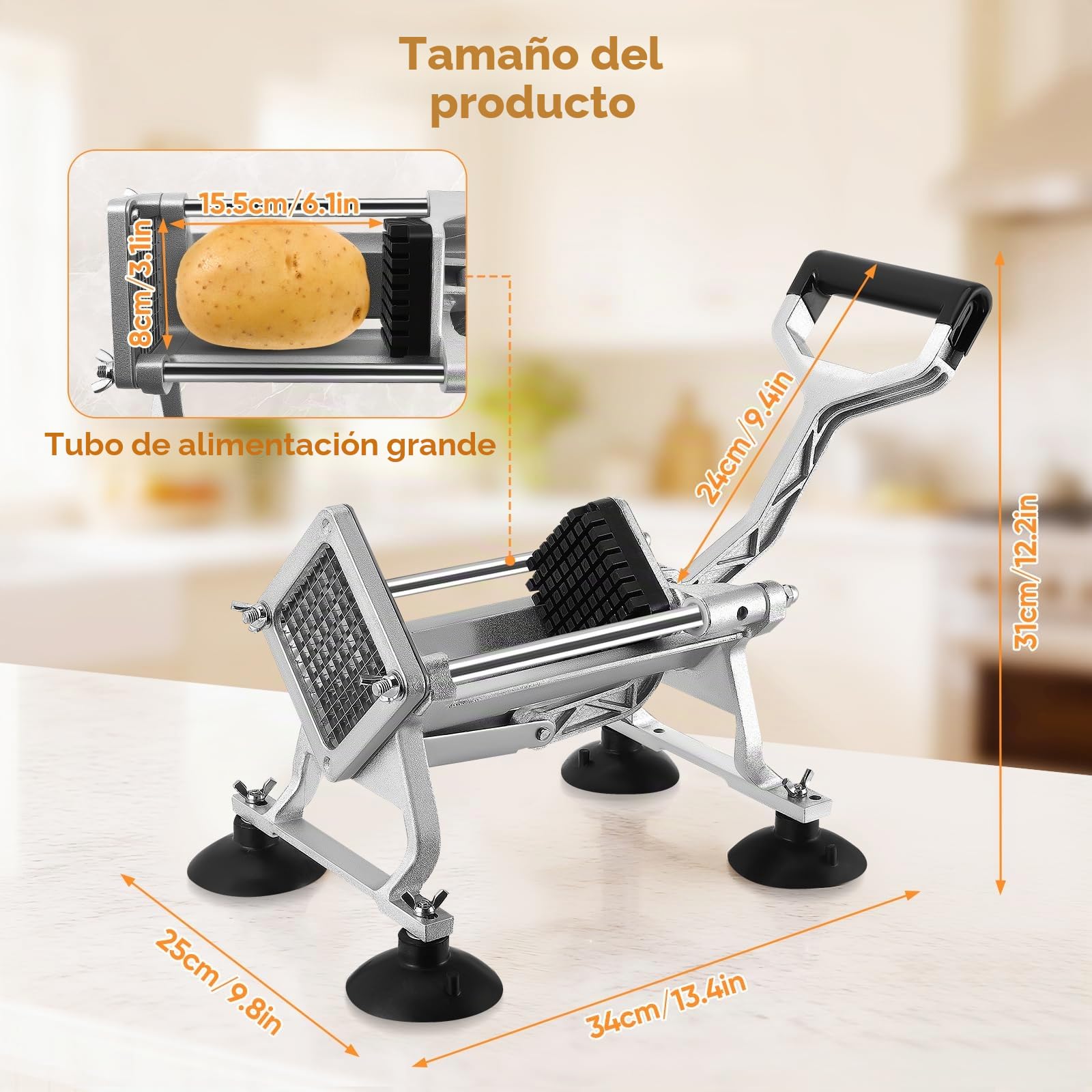 Cortador Patatas Fritas Manual, Cortadora Patatas Industrial, con Cuchillas de Acero Inoxidable de 6mm, 9mm, 13mm, Cortador de Papas para Patatas, Verduras y Frutas para Uso Doméstico