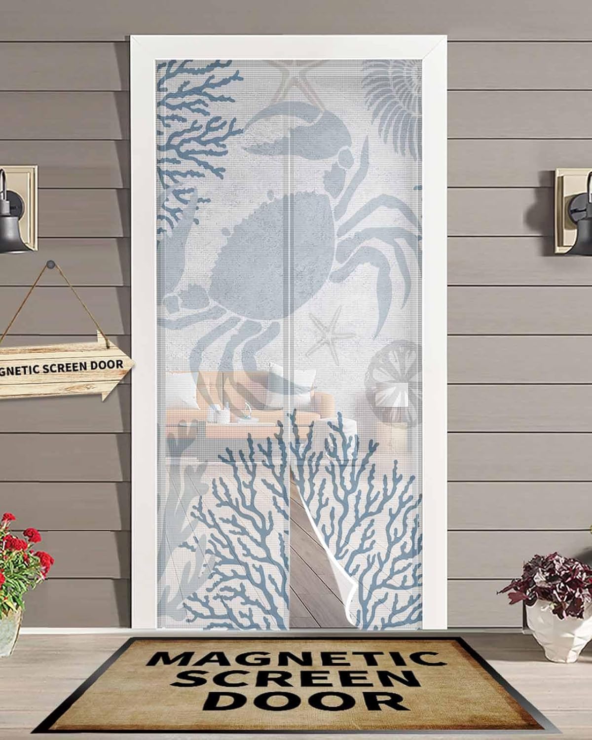 Blue Crab Coastal Magnetic Screen Door, Summer Coral Nautical Hands Free Screen Mesh Size 38" x 83", Reinforce Heavy Duty Mesh Screen Doors for Patio/Front/Sliding Door