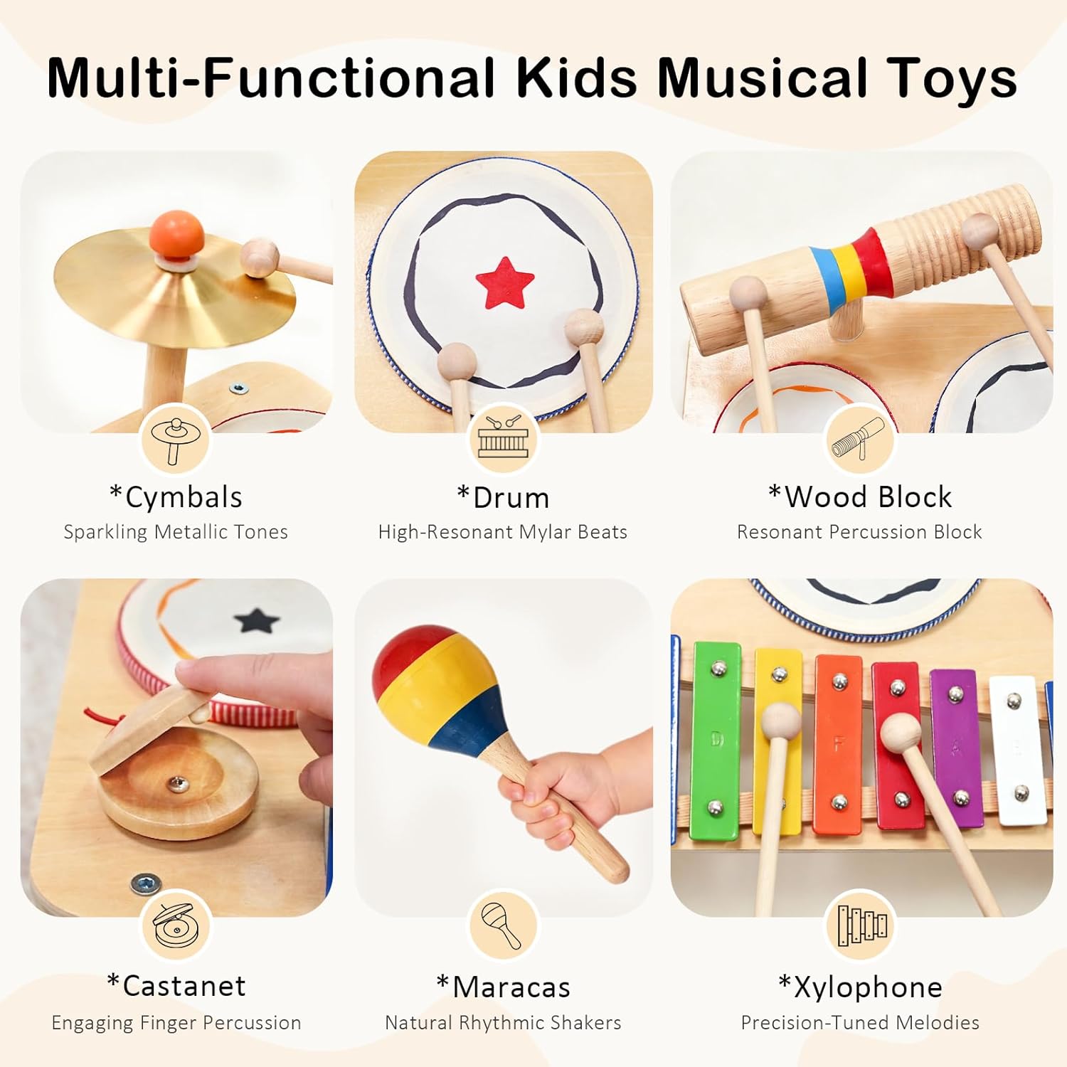 WINYGZ 9-in-1 Baby Drum Set, Low Noise Montessori Musical Instruments for Toddlers 1-3, Safe & Durable Wooden Music Toys for Quiet Sensory Play at Home, Great Birthday for Boys Girls