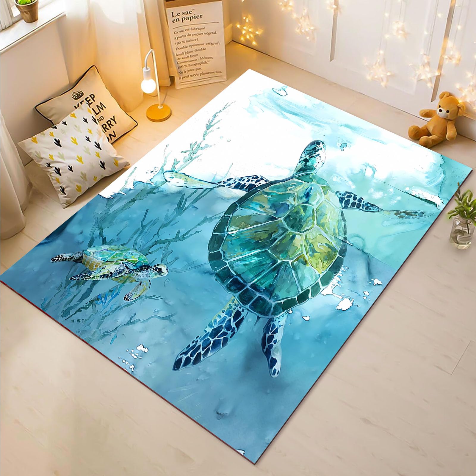Tapis tortue de mer vert pour une chambre d'enfant sur le thème océan