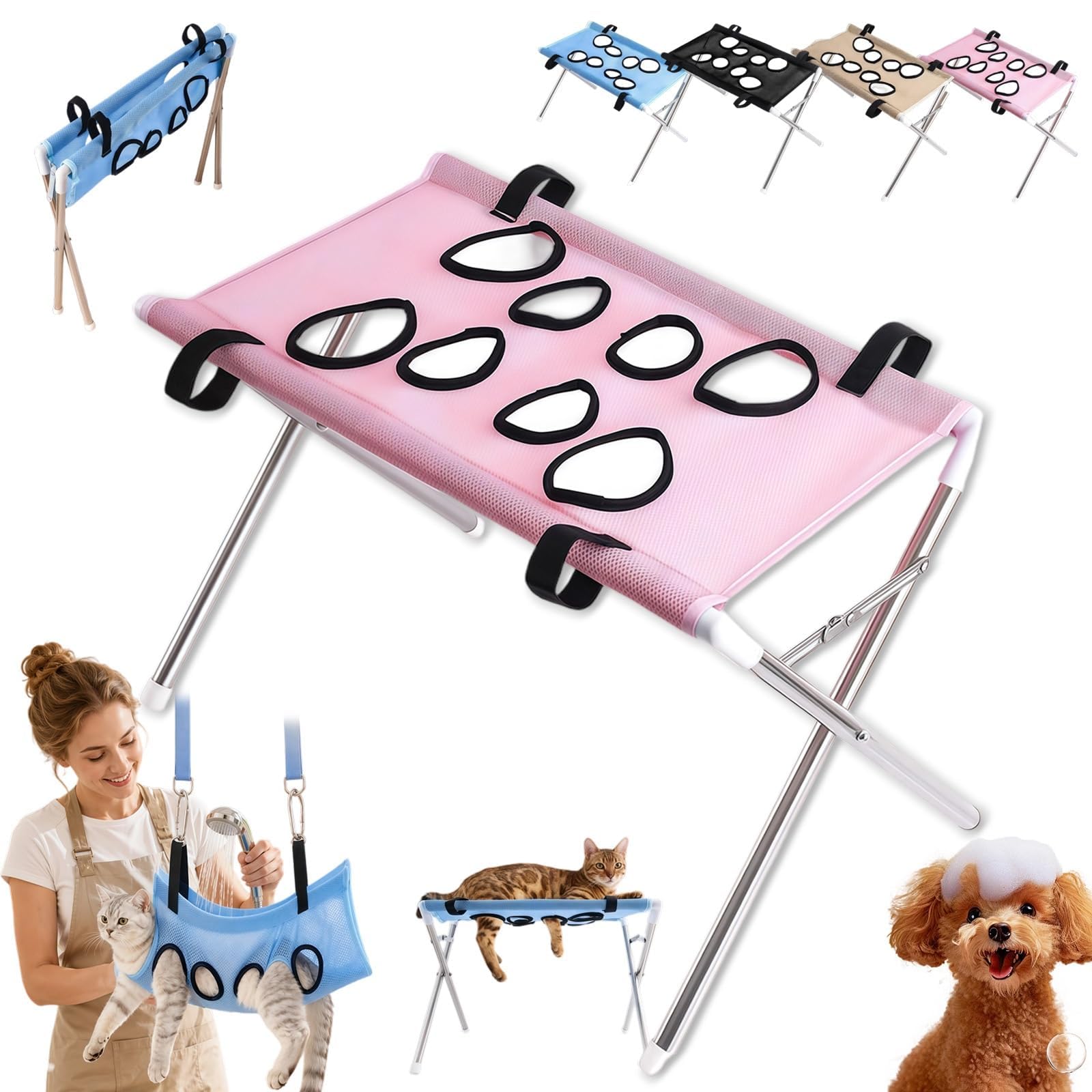 Amaca per Toelettatura Pieghevole per Cani, Con 8 Fori e Imbracatura di Sospensione, Supporto per Bagno con Struttura Stabile in Acciaio Inox, per Tagliare, Lavare, Spazzolare e Cura Quotidiana(Rosa)