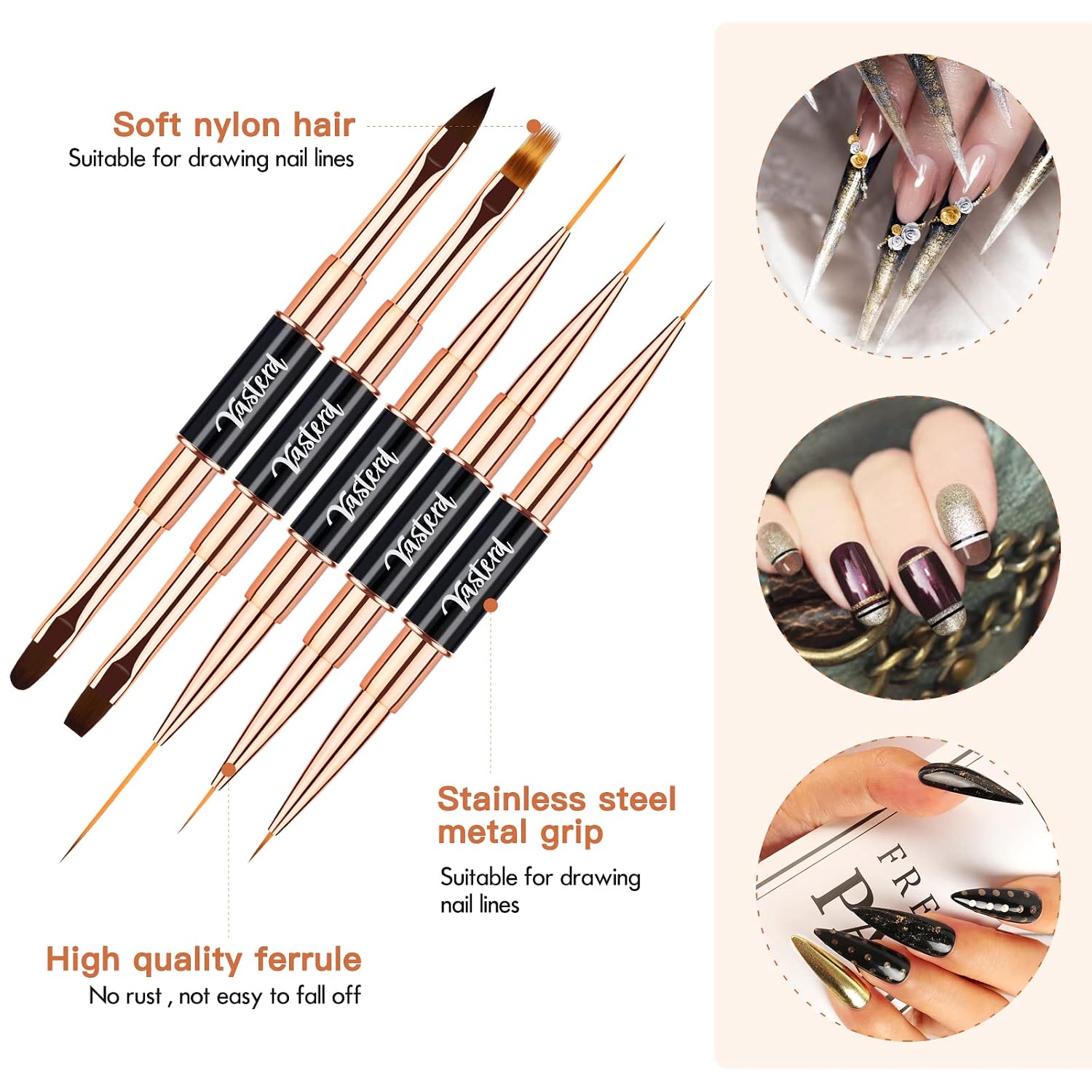 Yasterd Nail Art Brush Set,Professional 5pcs Double-Ended Nail Art Brushes | Long Lines,Thin Liner brush for Nails Detail,Nail Design Brush Ombre Brush 3D Brush Kits for Gel Polish Acrylic Nail Drawing