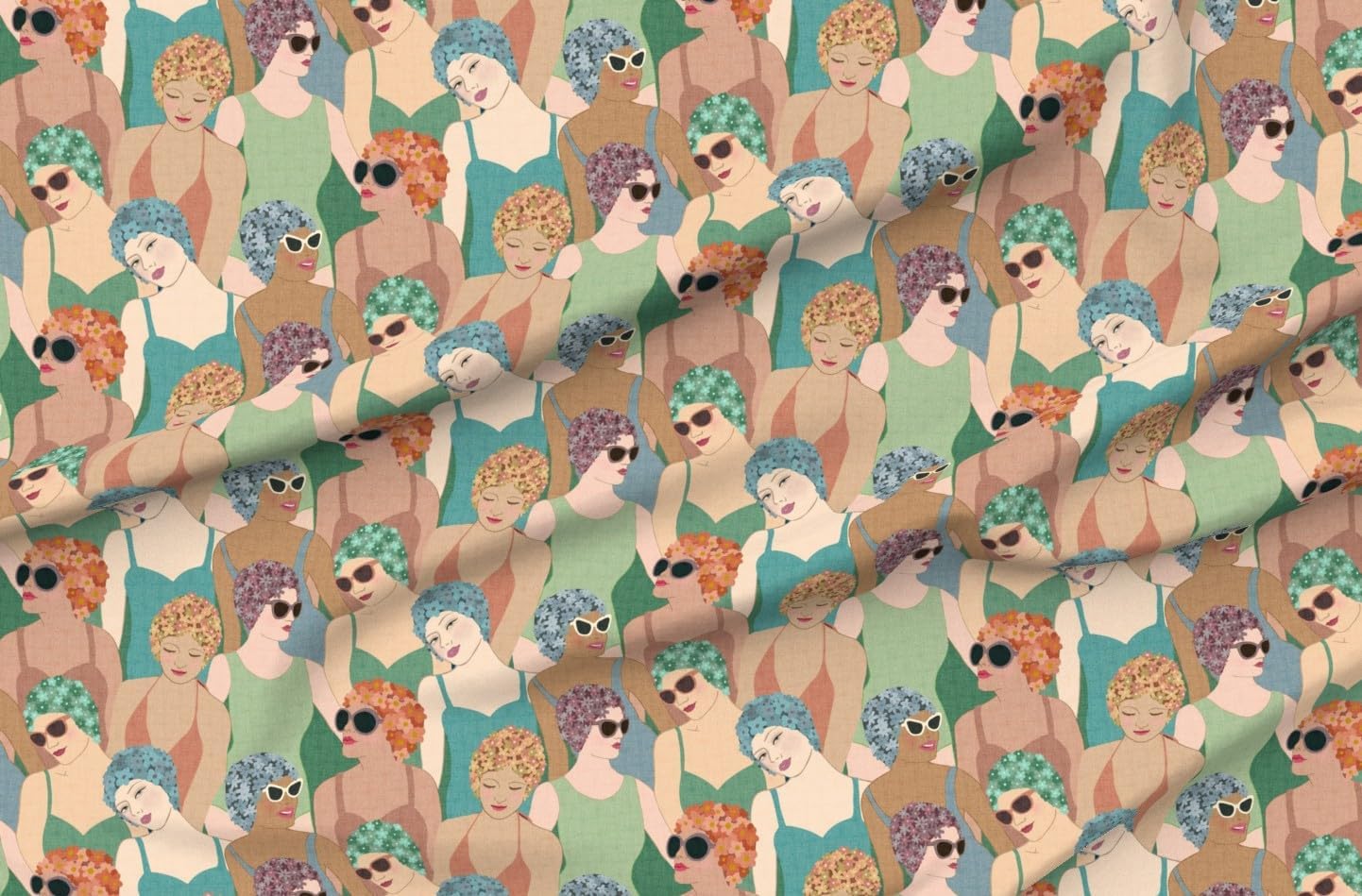 Spoonflower Fabric - Art Deco Ladies Swimming Lake House Swim Cap Summer Camp Women Outdoor Printed on Petal Cotton Fabric Fat Quarter - Sewing Quilting Apparel Crafts Decor