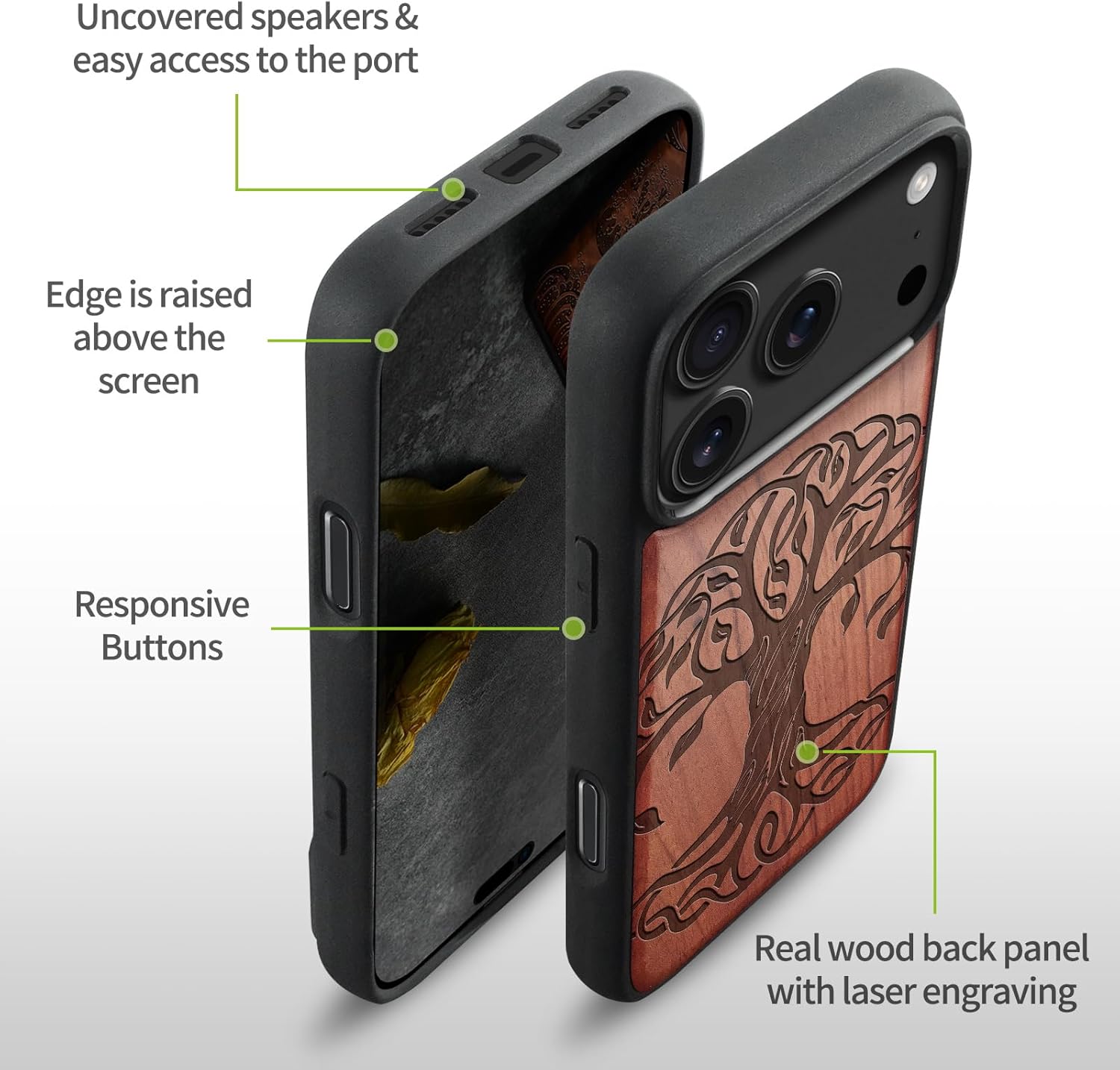 Carveit Magnetic Wooden Case for iPhone 17 Pro Max Case, Wood Artisan Engraved & Black Soft TPU Shockproof Cover, Compatible with MagSafe Wireless Chargers (The Celtic Tree of Life) Rosy