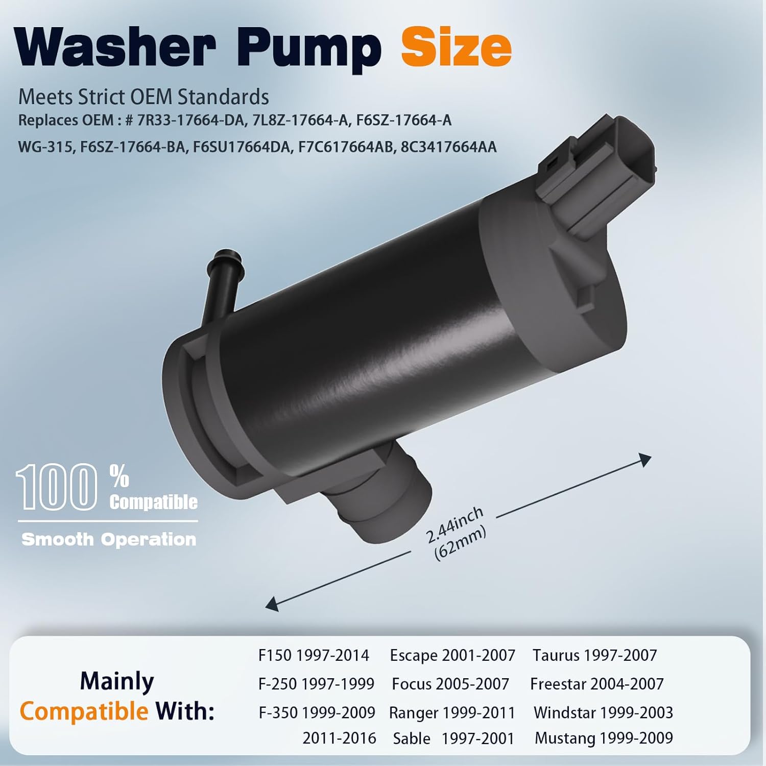 LILJUECE Windshield Washer Pump Replacement for 1997-2014 Ford F150, 2001-2007 Escape, Washer Fluid Pump with 1x2M Hose & 11 Connectors - Replaces OEM 7L8Z-17664-A F6SZ-17664-A F6SU17664DA