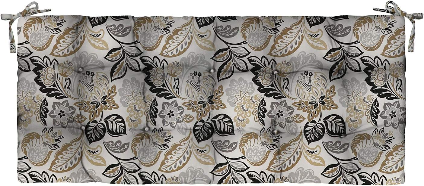 RSH Décor Indoor/Outdoor Grey Brown Tan Prints - 1-Tufted Cushion with Ties for Bench, Swing, Glider, Choose Color & Size (Dailey Pewter Grey Black Tan Floral Scroll, 60x18)