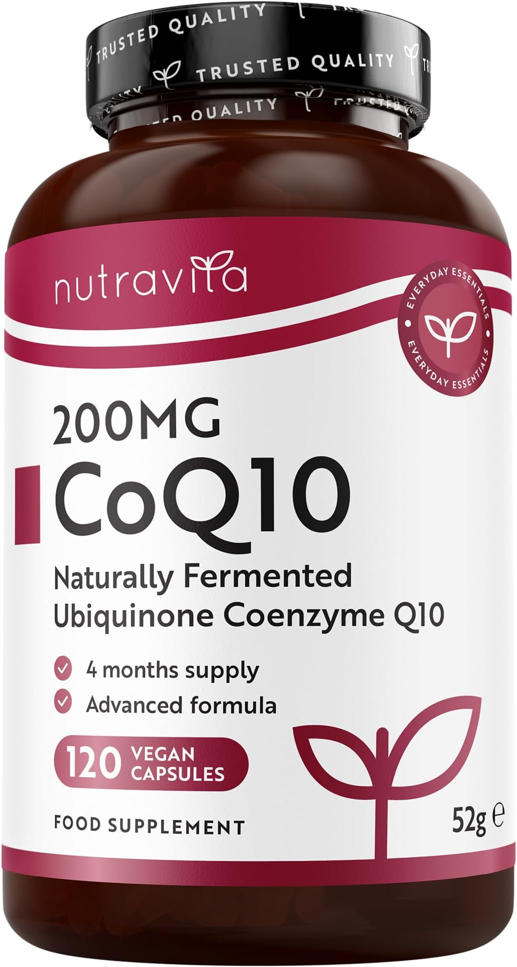 CoQ10 200mg - 120 Vegan Capsules of High Strength Co Enzyme Q10 (4 Months Supply) - 100% Pure and Naturally Fermented Ubiquinone Coenzyme - No Synthetic Additives - Made in The UK