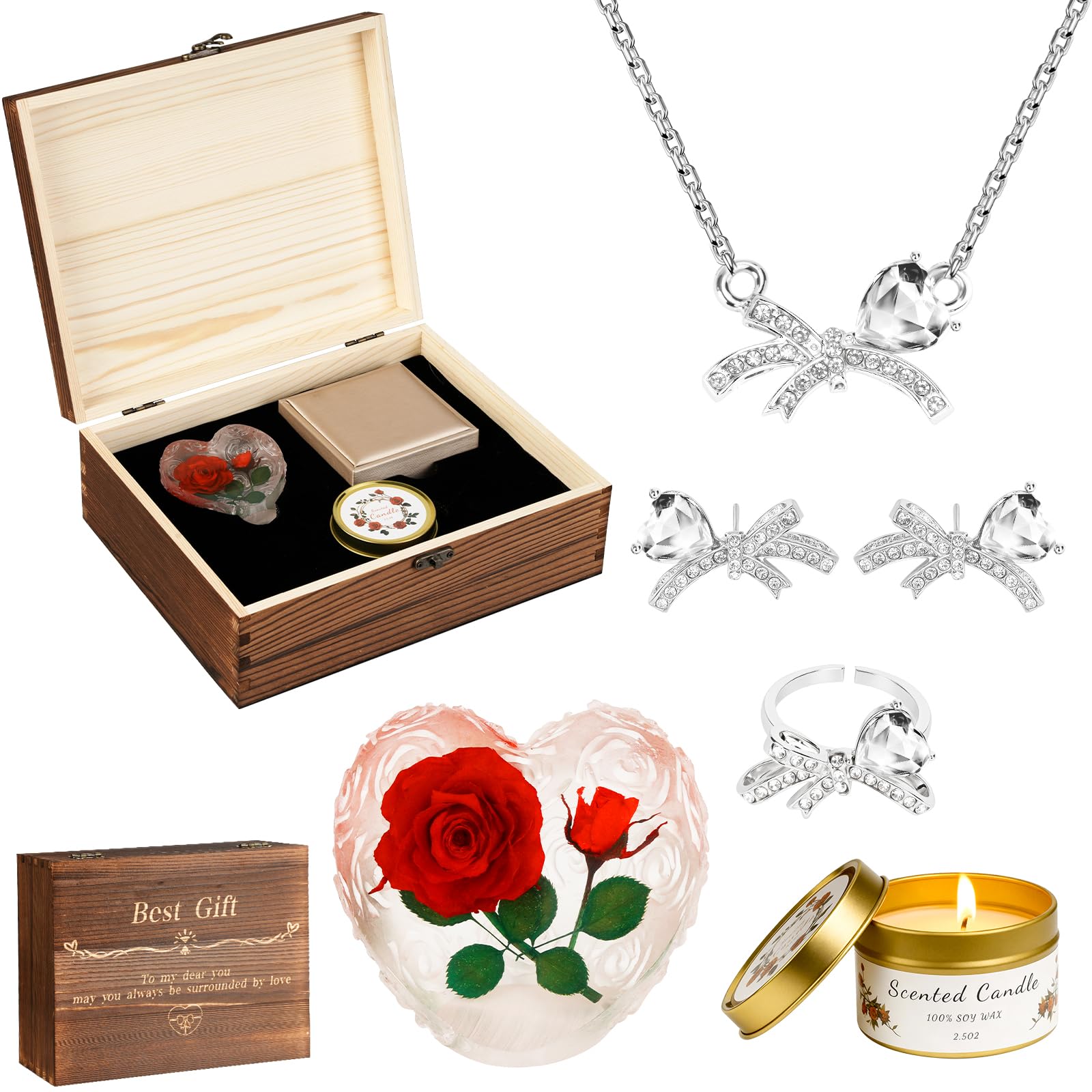 Preserved Roses with Necklace Set & Scented Candle, Mother's Day Gifts for Women Mom Romantic Eternal Flowers Rose Birthday Gift for Wife Girlfriend Daughter on Valentine's Anniversary