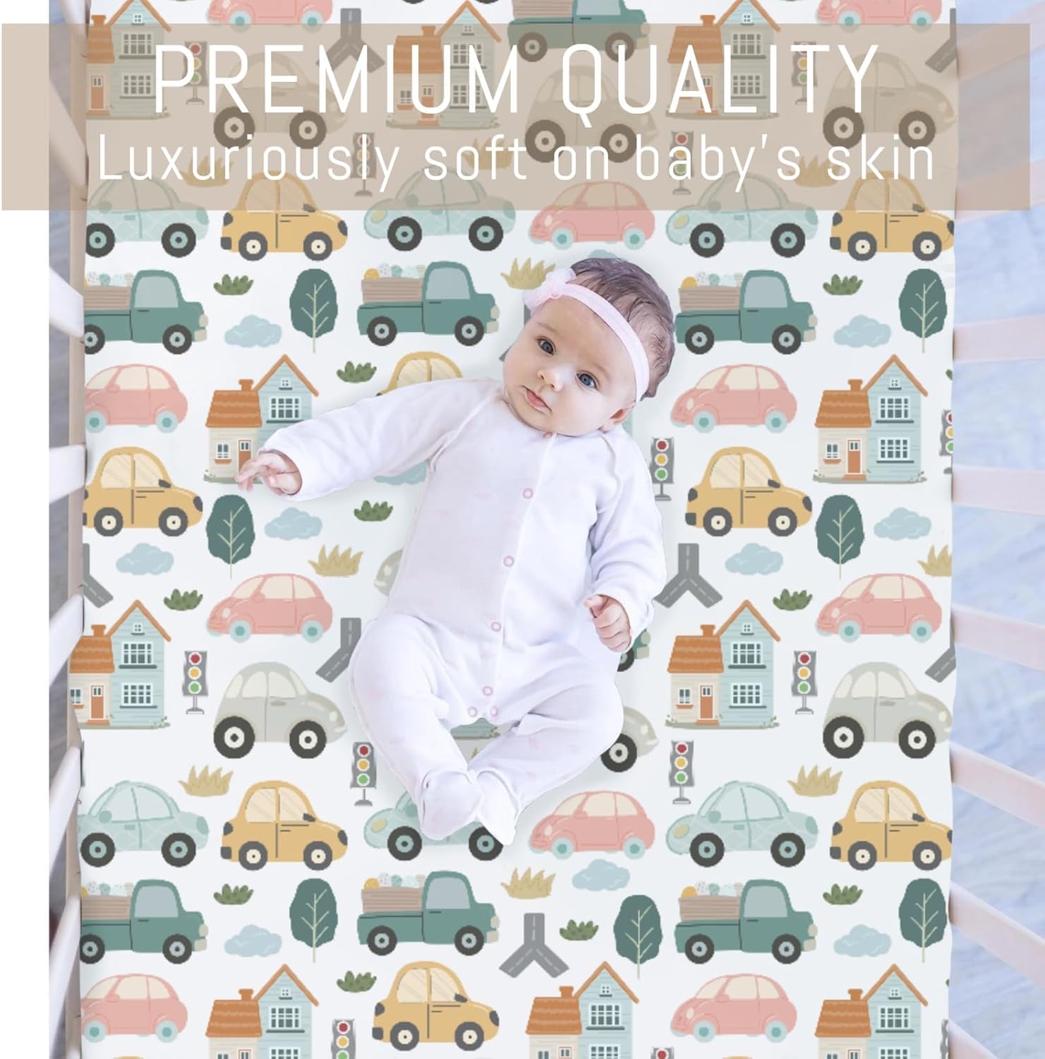Colorful Car Transport Baby Crib Sheets for Boys Car Truck Road House Trees Soft Snug Fitted Crib Mattress Covers for 52''x28'' Standard Crib & Toddler Mattress Vehicles Transportation Bed Sheets