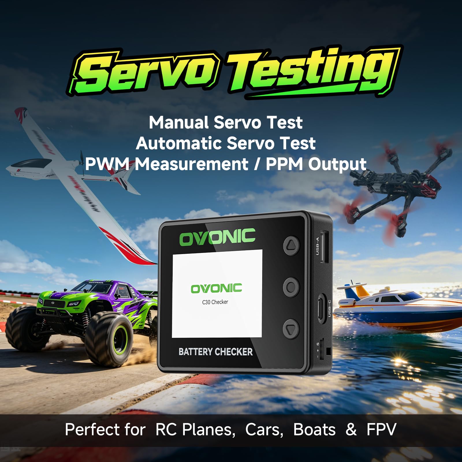 OVONIC C30 Batterieprüfer mit Servo-Tester 1-8S LiPo Spannungserkennung