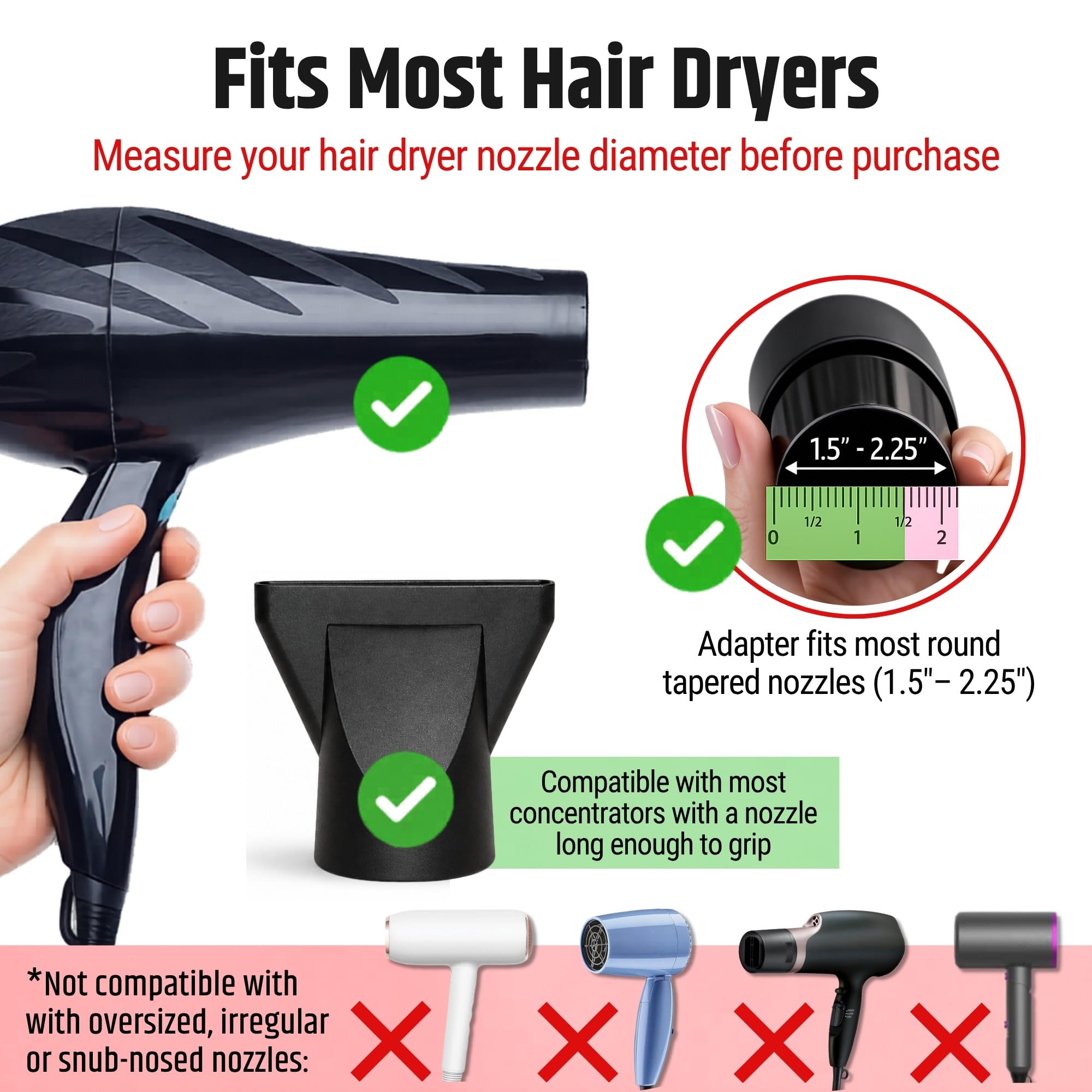SnozzlePro Universal Hair Dryer Attachment Adapter for Concentrator Nozzles - Patented No-Slip Design - Fits Most Standard Blow Dryers 1.5- 2.25 product thumbnail 4