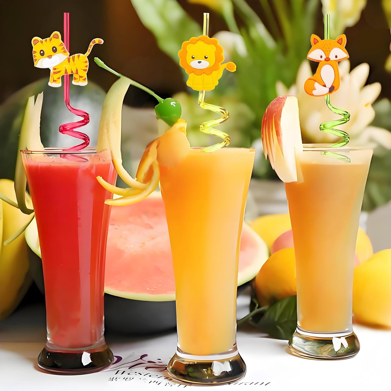 LEDUO Jungle Safari Animal Party Favors Drinking Straws- Party Supplies-24 PCS Reusable Plastic Straw with Cartoon Decoration for Kids Toddlers Zoo Birthday Party Goodie Bags Stuffers