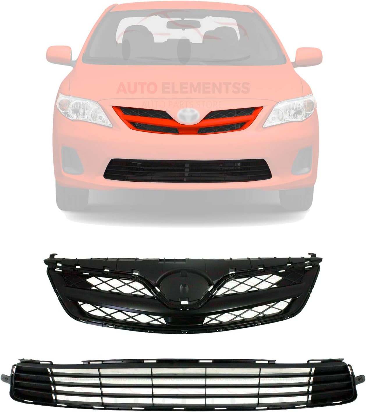 Front Bumper Grille Assembly Set Upper + Lower For 2011-2013 Toyota Corolla Direct Replacement