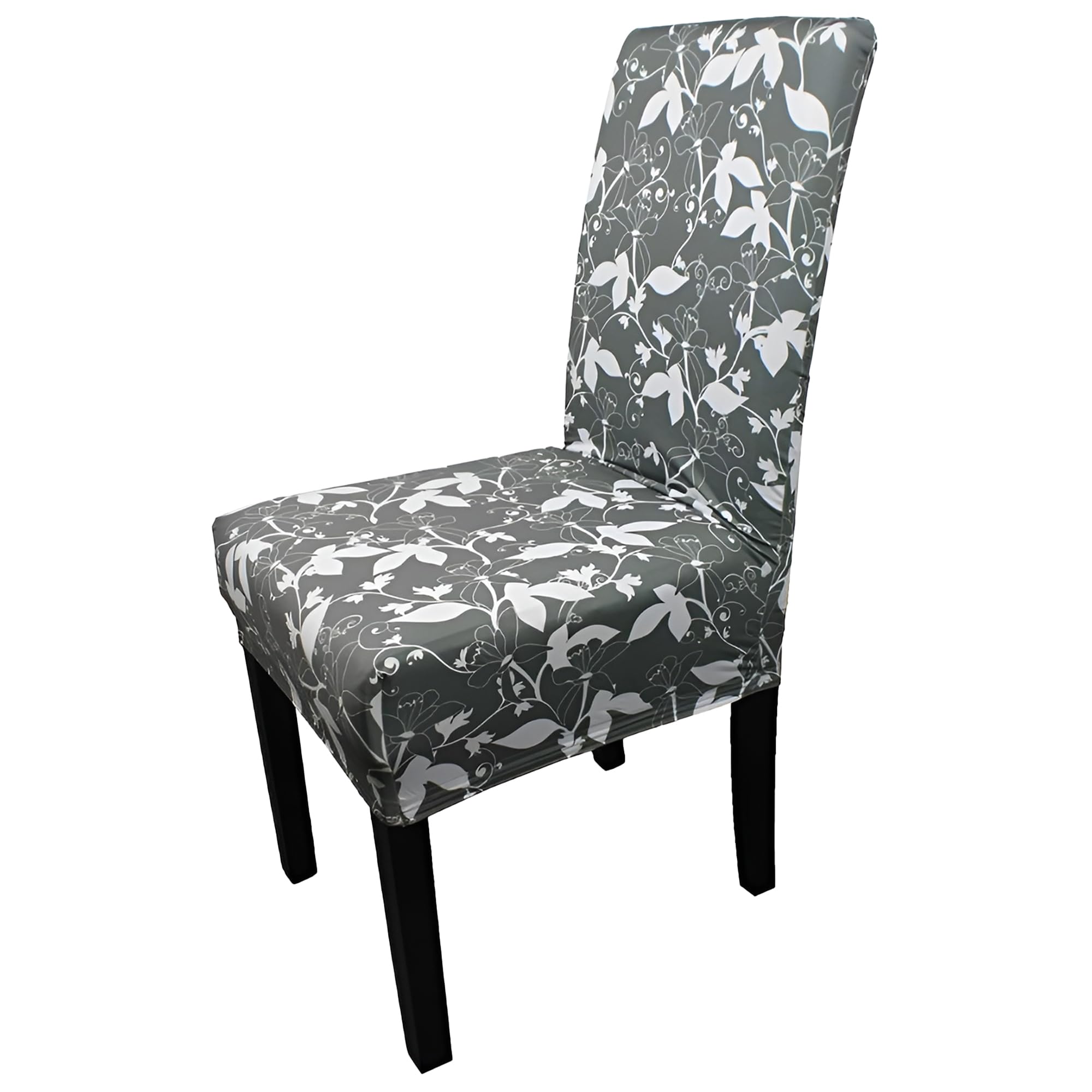 Printed High-Back Chair Covers for Dining Room Chairs – Spandex Stretch, Universal Armless Chair Protective Slipcover for Kitchen, Wedding, Party, Banquet & Hotel, Kaymas Leaves - Grey, Pack of 1