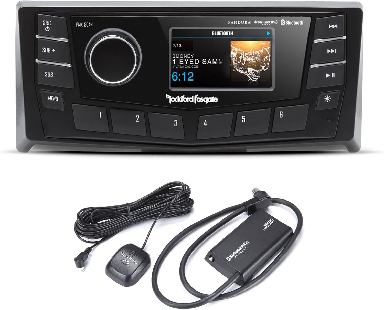 Rockford PMX-5CAN 2.7” Marine Wet Bonded Ipx6 Color Media Receiver, Nmea 2000, 2 Zone Control with Sirius/XM SXV300v1 Tuner