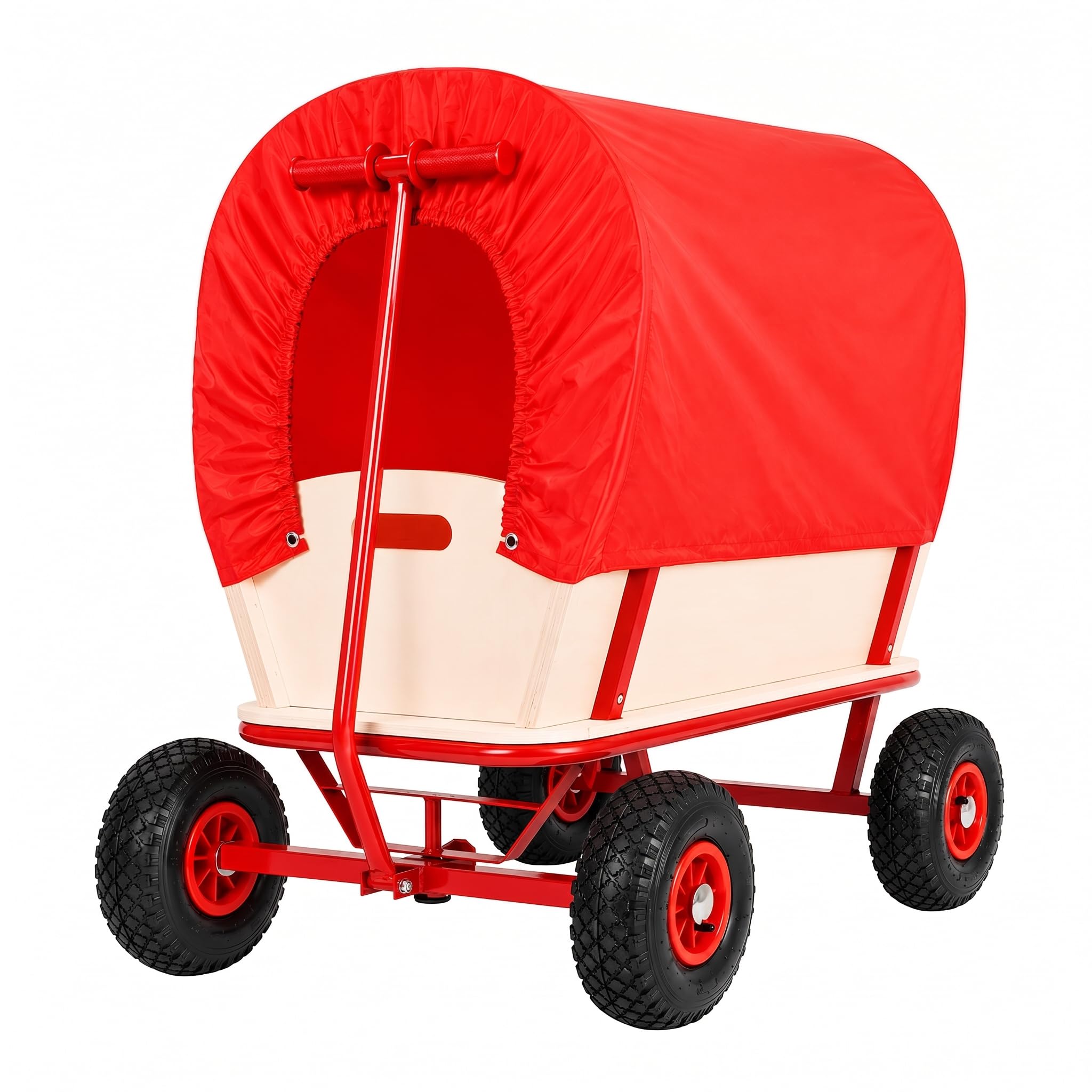 MONZANA® Bollerwagen Holz bis 180 kg mit Dach Luftreifen Stabil Robust Stahl Allround Handwagen Gartenwagen Strandwagen Leiterwagen Transportwagen Rot