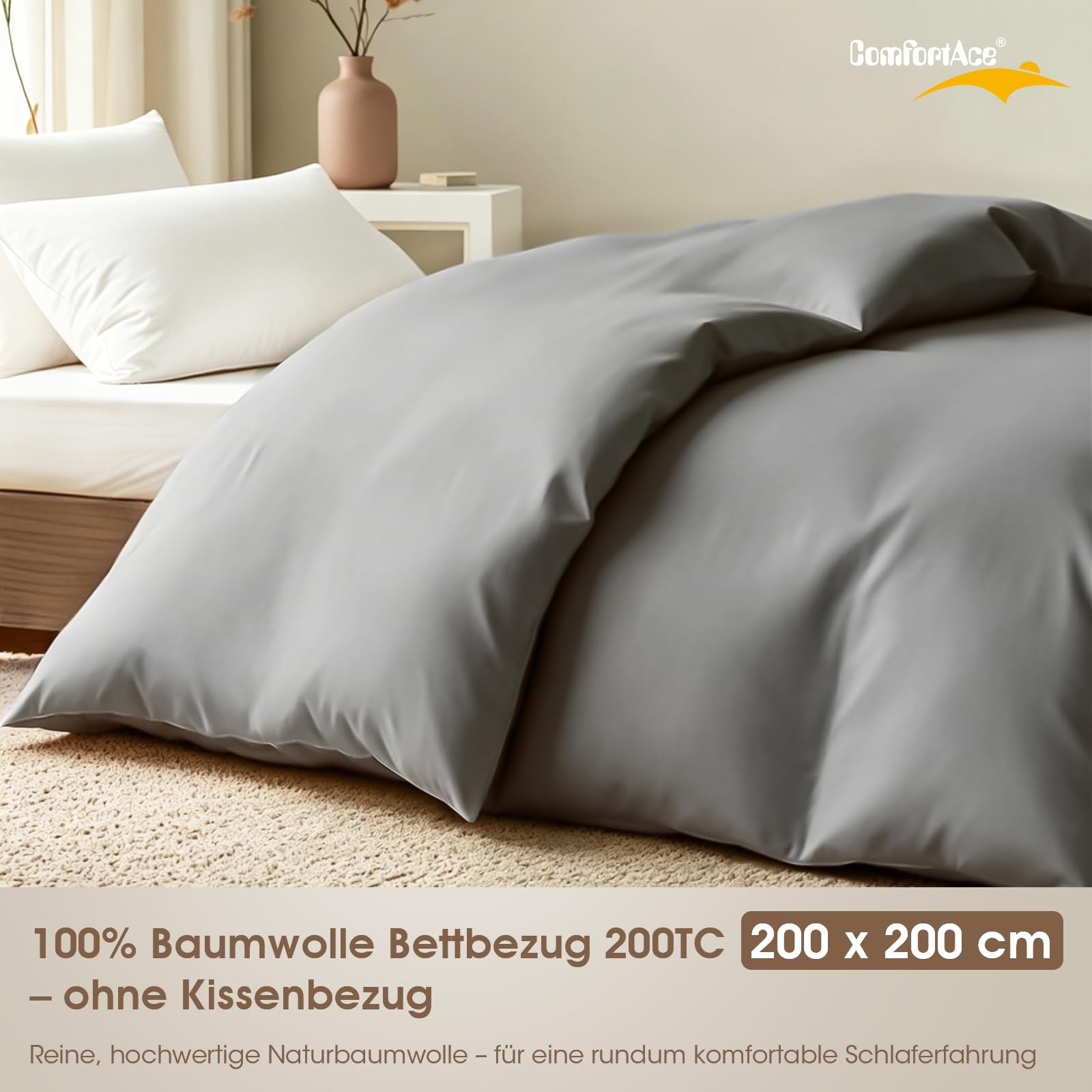 Bettbezug 200x200cm aus 100% Baumwolle (200 TC) – Grau, ohne Kissenbezug, mit Reißverschluss & Eckbändern, Oeko-Tex Zertifiziert, allergikerfreundlich, pflegeleicht