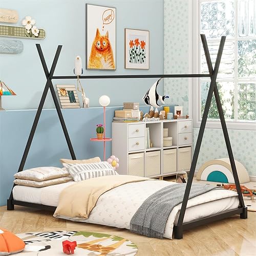 Miniatura 8 de LLS Cama de plataforma Montessori de metal, tamaño individual, con estructura triangular, cama de suelo resistente con soporte de listones para