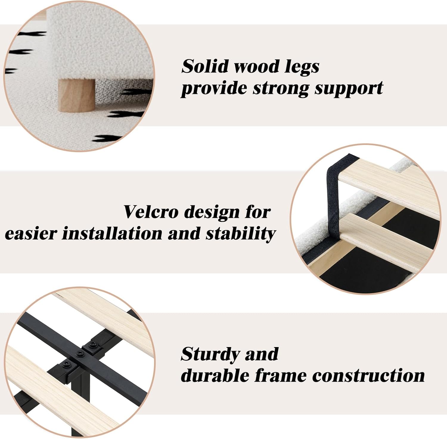 Boucle Upholstered Bed Frame, Platform Design with Curved Headboard and Soft Rounded Corners, Noise-Free, Easy to Assemble, Queen Size, Off-White