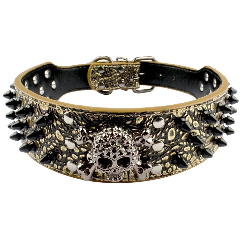 Berry Pet Spiked Leather Dog Collar - 3 Rows Bullet Rivets Studded PU Leather - Cool Skull Pet Accessories Best Choice for Medium and Large Dogs,Bronze 17-20"