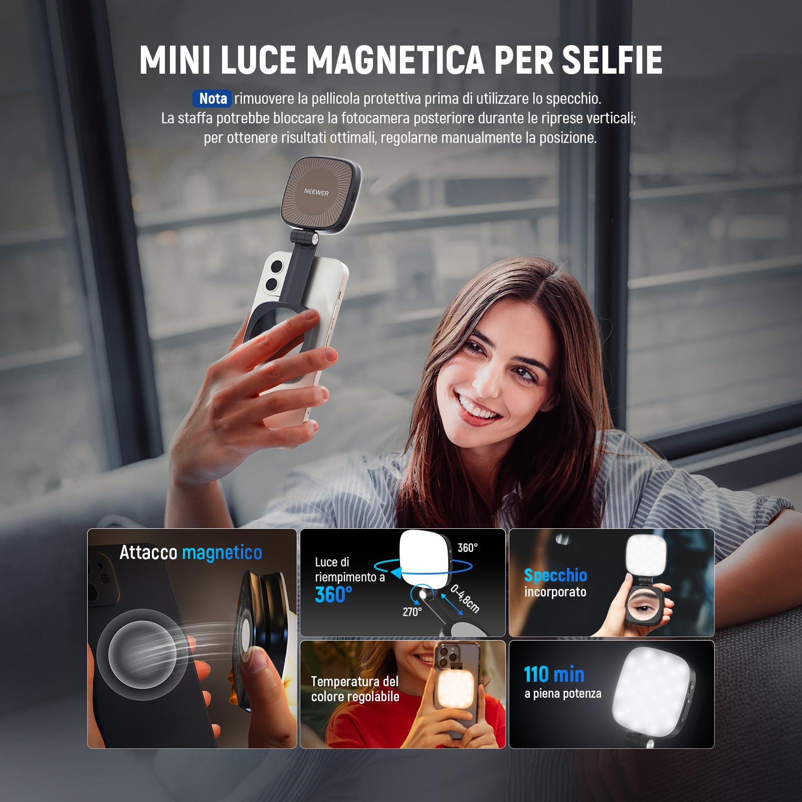 NEEWER BASICS Luce Selfie Magnetica Compatibile con MagSafe iPhone, Mini Ring Light LED Supporto Telefono da Tavolo con Specchio/Panno Pulizia per Zoom Trucco Registrazione Videoconferenza, Nero NL48B