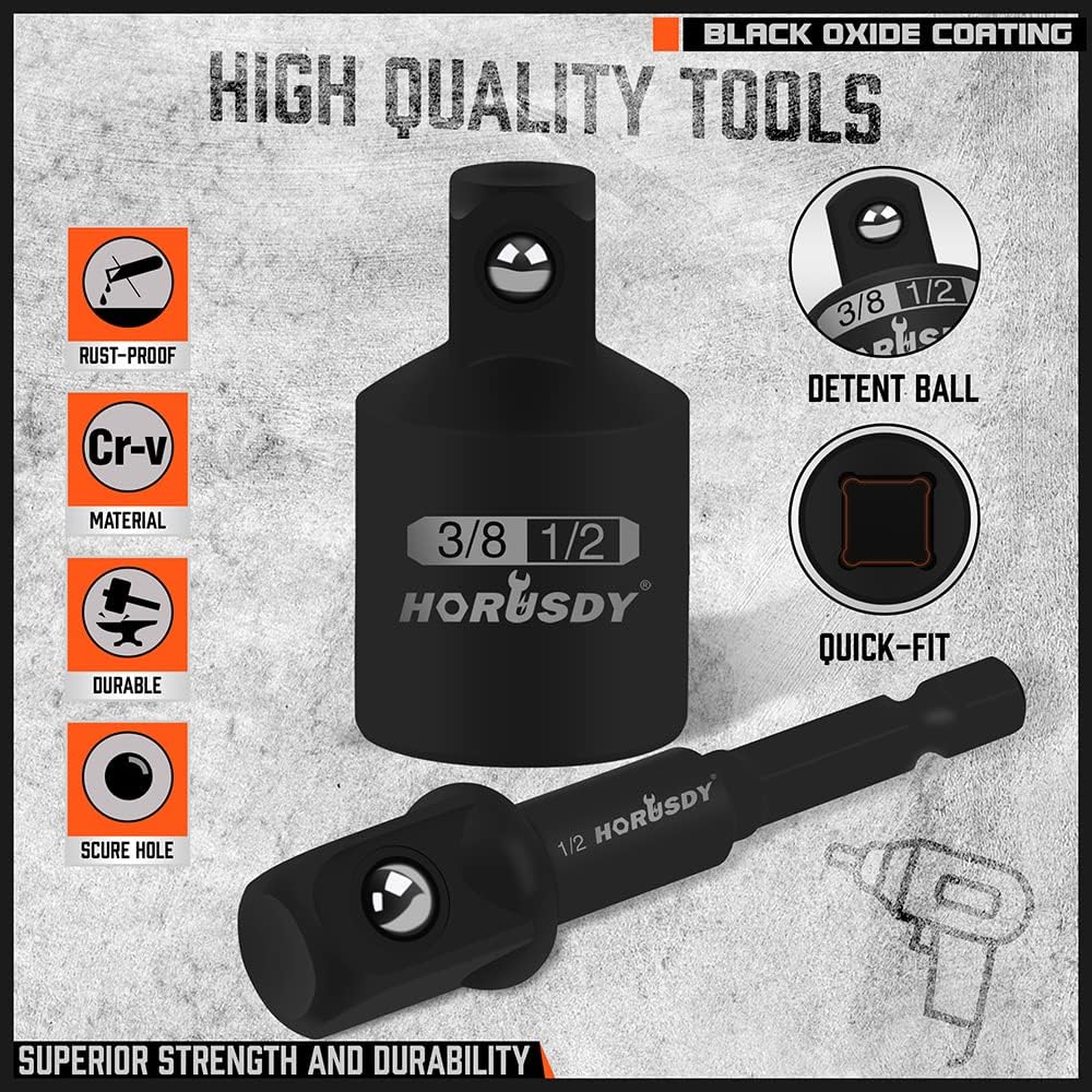 HORUSDY 7 Piece Impact Sockets Adapter Set, Hex Shank Socket to Drill Adapter 1/4" 3/8" 1/2", Cr-V Steel Impact Driver Wrench Socket Reducer Set