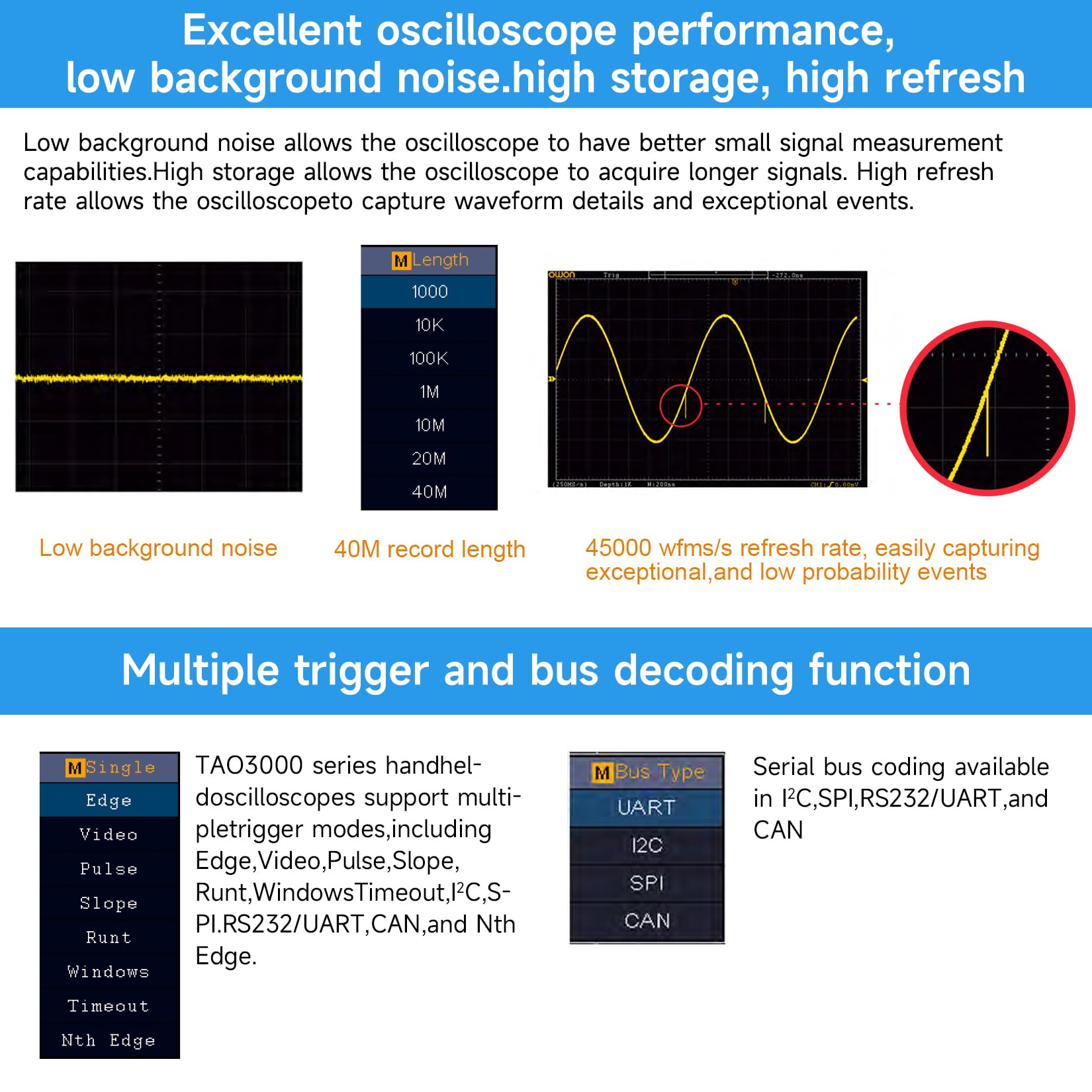 OWON TAO3072 2CH Handheld Digital Oscilloscope With 70MHz Bandwidth And 1GS/s Sample Rate, 40M Recording Length, SCPI And LabVIEW Supported, 4 1/2 - View #3