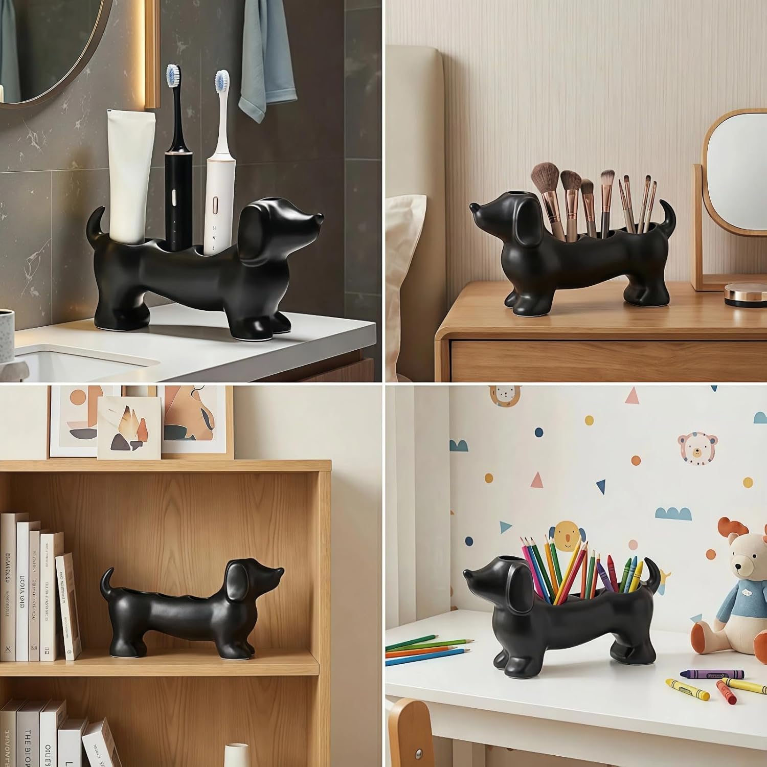 Dachshund Toothbrush Holder, Ceramic Bathroom Organizer with Toothbrush Stand, Countertop Accessories for Bathroom, Cute Home Decor (Black)