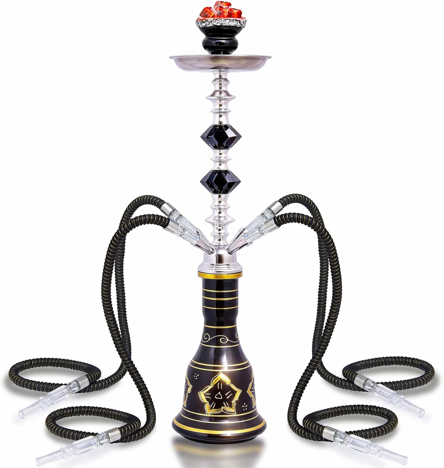 4-Hose Premium Hookah Set (Black & Gold) - Sleek Shisha Pipe for Group Sessions | Ideal for US Home Entertaining (Black)