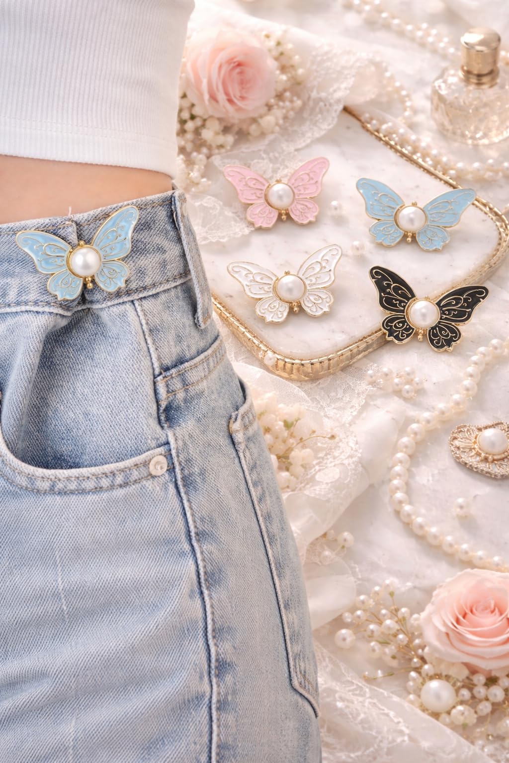 Falshruti .2 SetsButterfly Jean Buttons Waist Tightener for Loose Pants, No-Sew Adjustable Waist Buckle Clips, Detachable Decorative Jean Button Pins for Women’s Jeans & Skirts 1