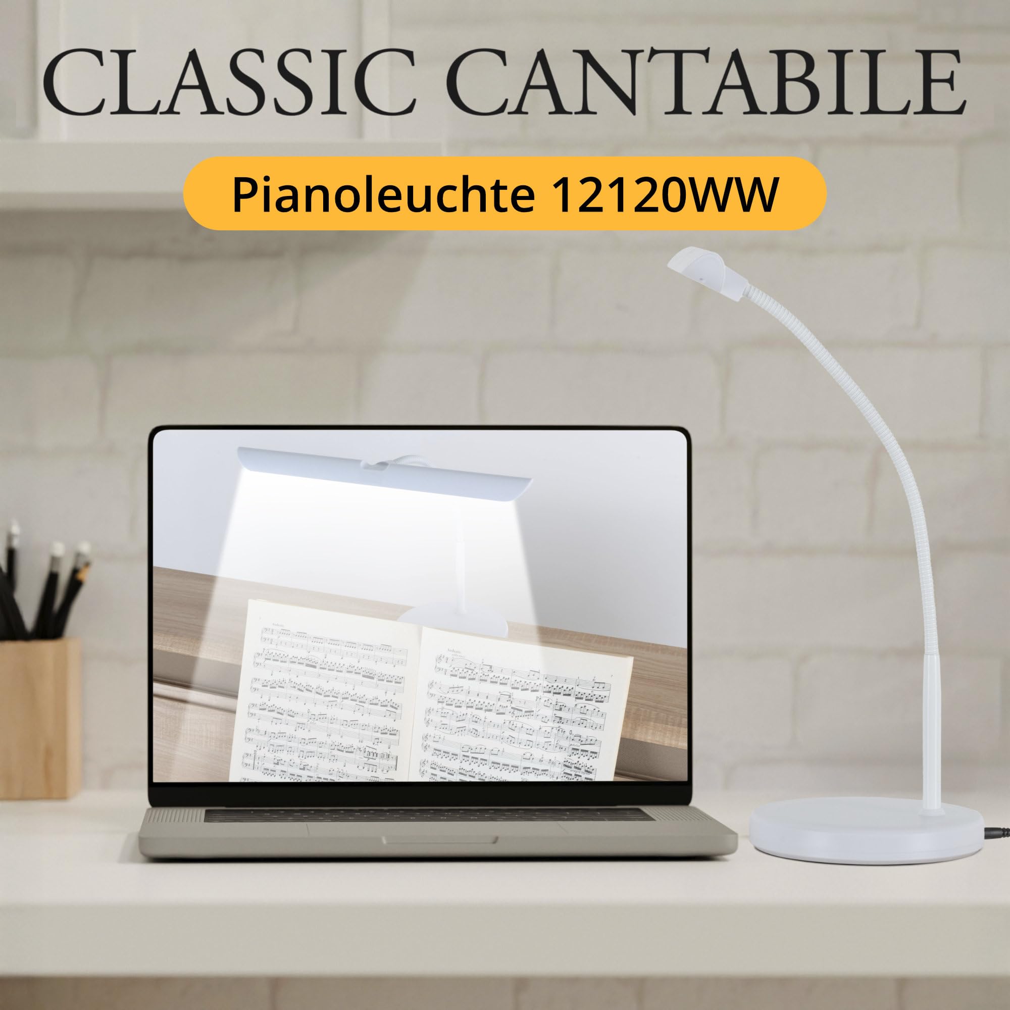 Classic Cantabile WM Lampada per Pianoforte Easy - Dimmerabile con Memory - Lampada da Tavolo con Collo d'Oca - Luce Calda Bianca 18 LED - Touch - Lampada per Leggio Bianca