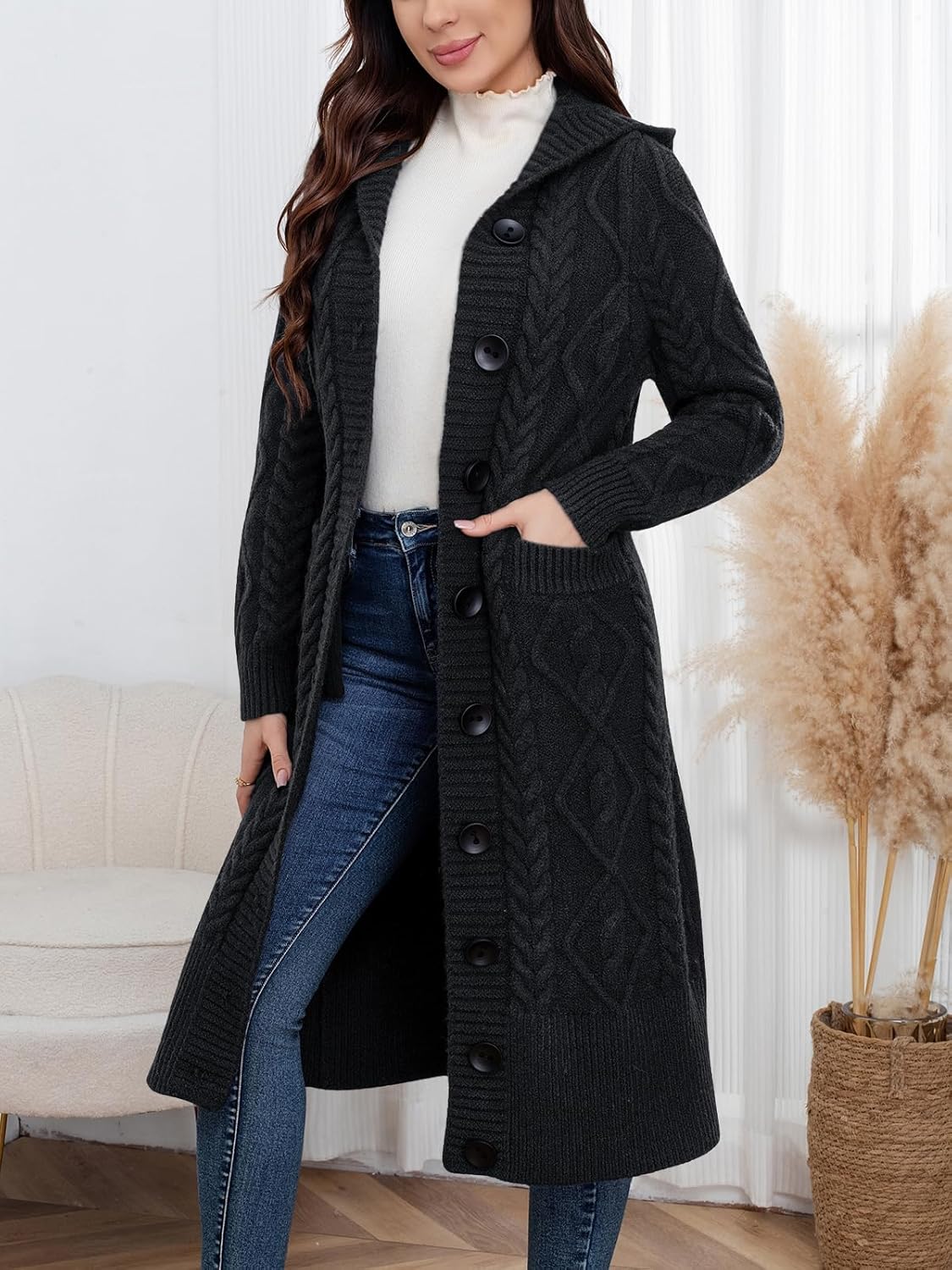 ebossy Women's Long Sleeve Hooded Cardigan Chunky Cable Knit Plus Size Over Knee Duster Coat with Pockets - Image 4