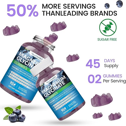 Miniatura 5 de Gomitas de glicinato de magnesio de 1000 mg, suplemento de magnesio y potasio sin azúcar de alta absorción para relajación, alivio del estrés y