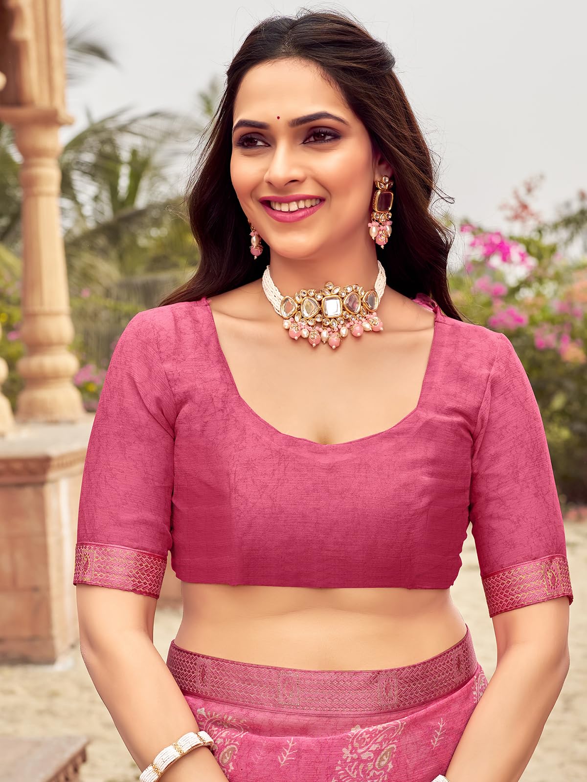 Satrani Women's Chiffon Floral Printed Saree With Unstitched Blouse Piece (3678S3140N_Pink)