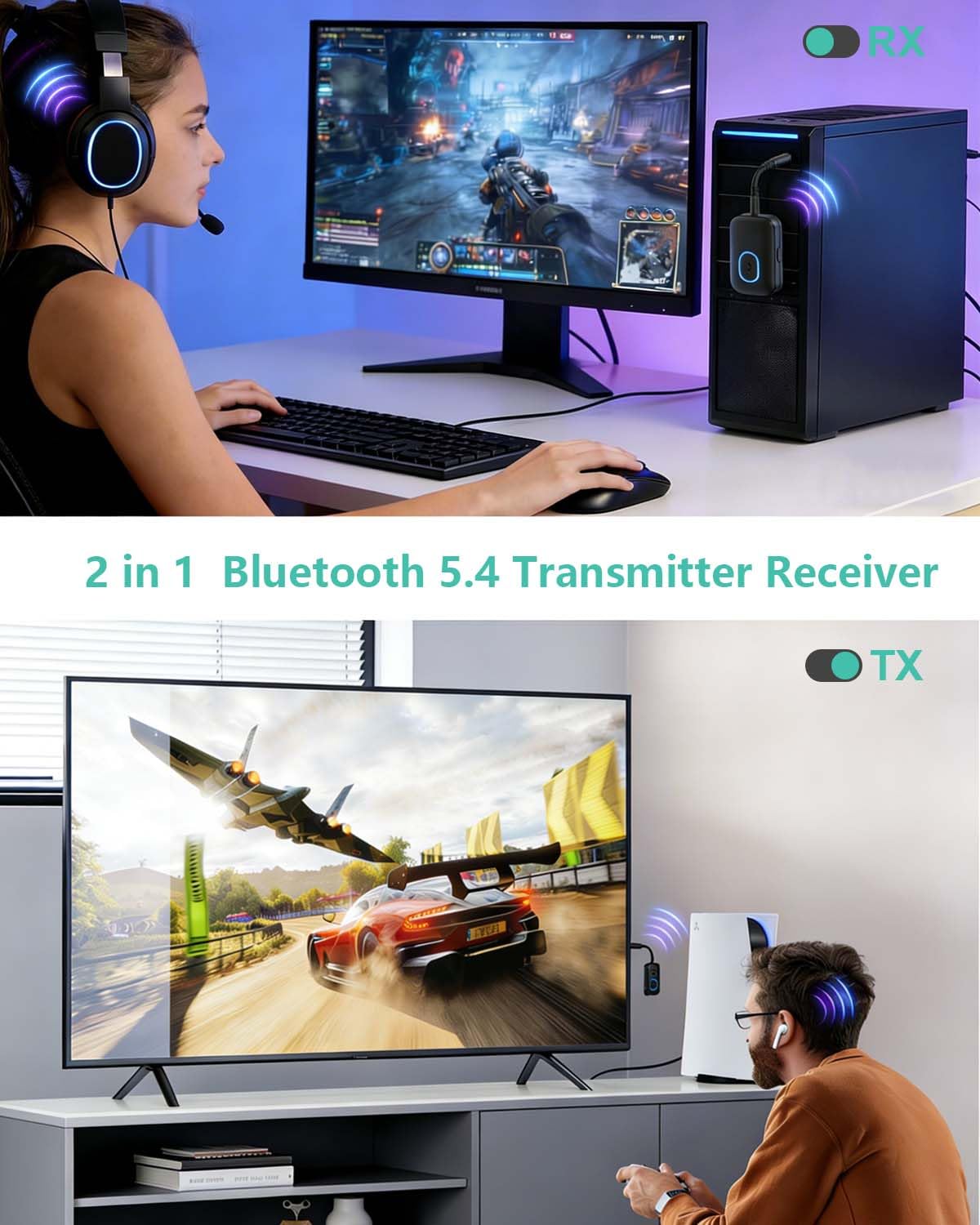 Bluetooth 5.4 nadajnik odbiornik, ORIA Bluetooth Aux Adapter do samolotu, 2 w 1 Blue-Tooth adapter jack 3,5 mm nadajnik odbiornik słuchawki, Bt, TV