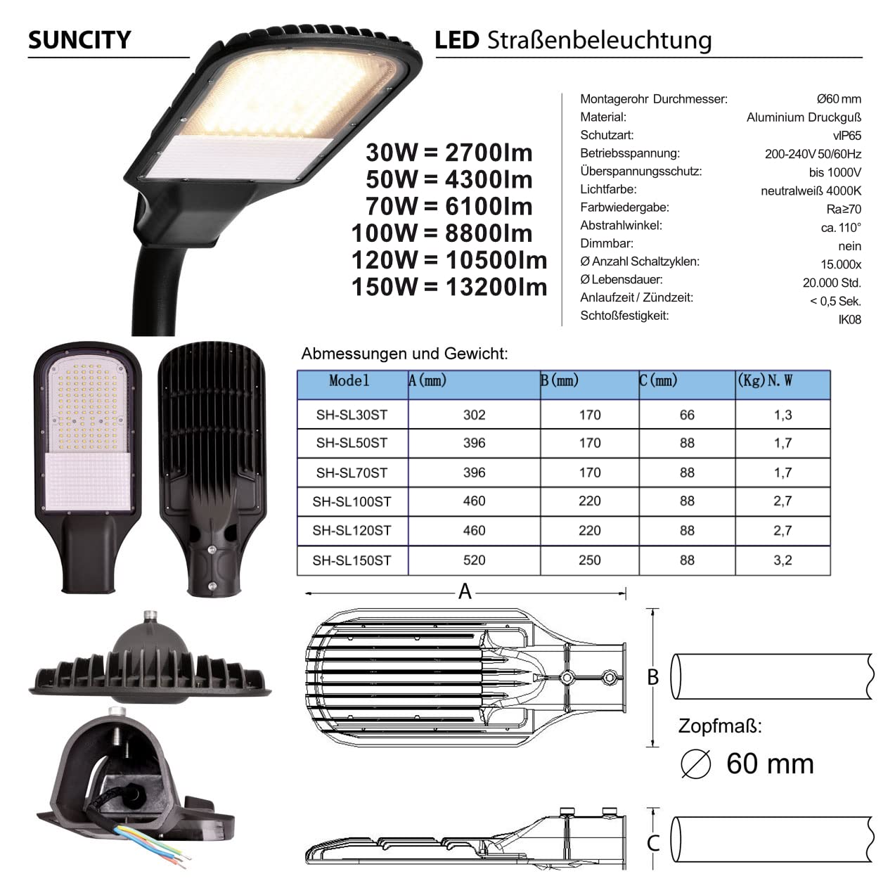 LED Straßenlampe Straßenleuchte Straßenlaterne Straßenbeleuchtung Parkplatzbeleuchtung Hochleuchte 150W 4000K neutralweiß IP65 13500lm