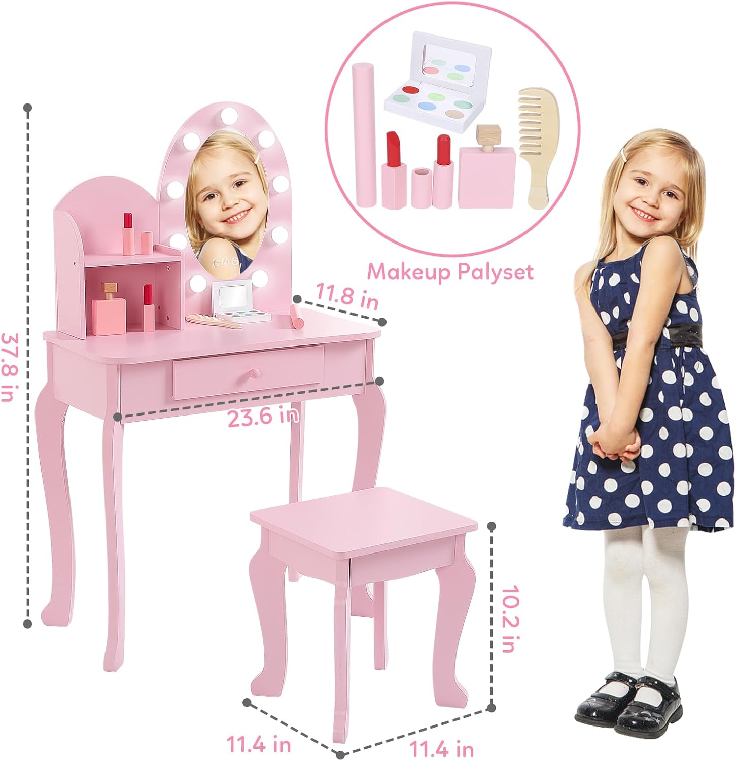 GAOMON Lighted Mirror Kids Vanity Set with Stool – Wooden Makeup Table for Girls, 3 Light Modes, Storage Drawers, Pretend Play Furniture for Toddlers Ages 4-9 – Pink