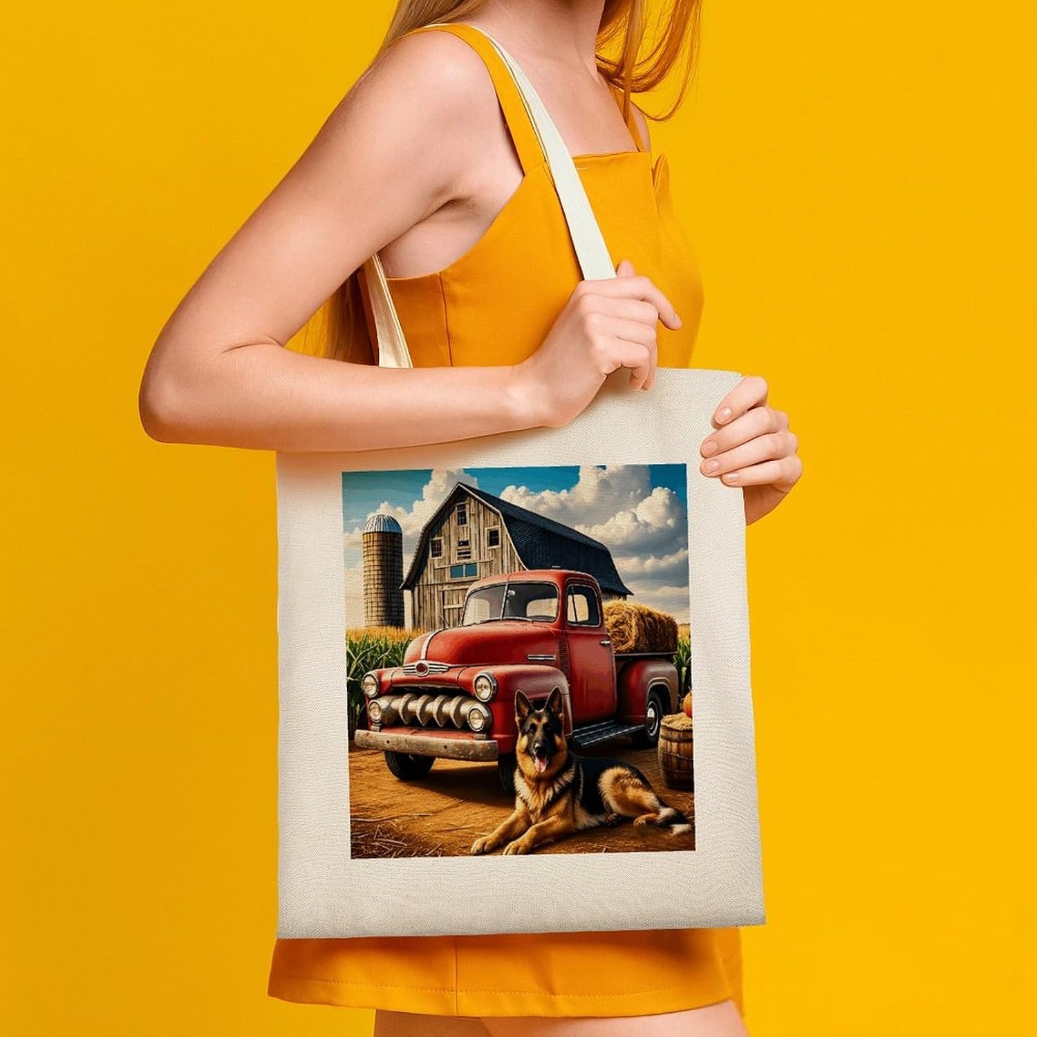 German Shepherds And Vintage Trucks Canvas Tote Bag Aesthetic Tote Bag image 3
