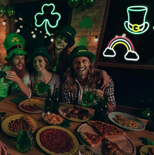 Miniatura 6 de ROCEEI 3 letreros de neón del día de San Patricio con luces LED de neón para festivales alimentados por USB, sombrero de trébol en forma de arco