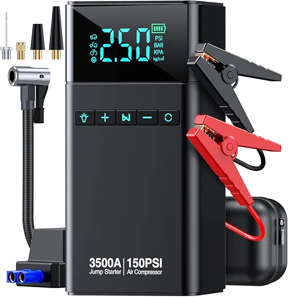 CZKBG 10-in-1 Portable Car Battery Jump Starter with Air Compressor, 3500A 150PSI Portable Car Jumper Starter (All Gas 12L Diesel), 12V Jump Box Car Battery Jump Starter with Jumper Cables, Lights