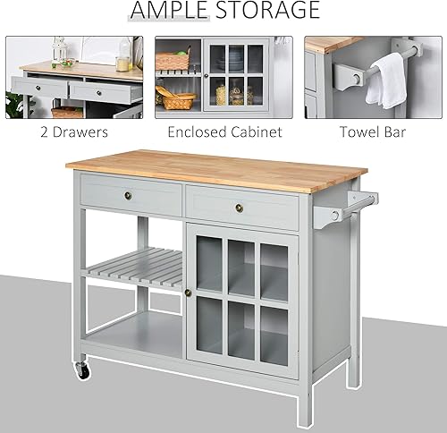 Miniatura 5 de HOMCOM Isla de cocina rodante con almacenamiento, carrito de cocina con parte superior de madera maciza, gabinete de puerta de vidrio, estante