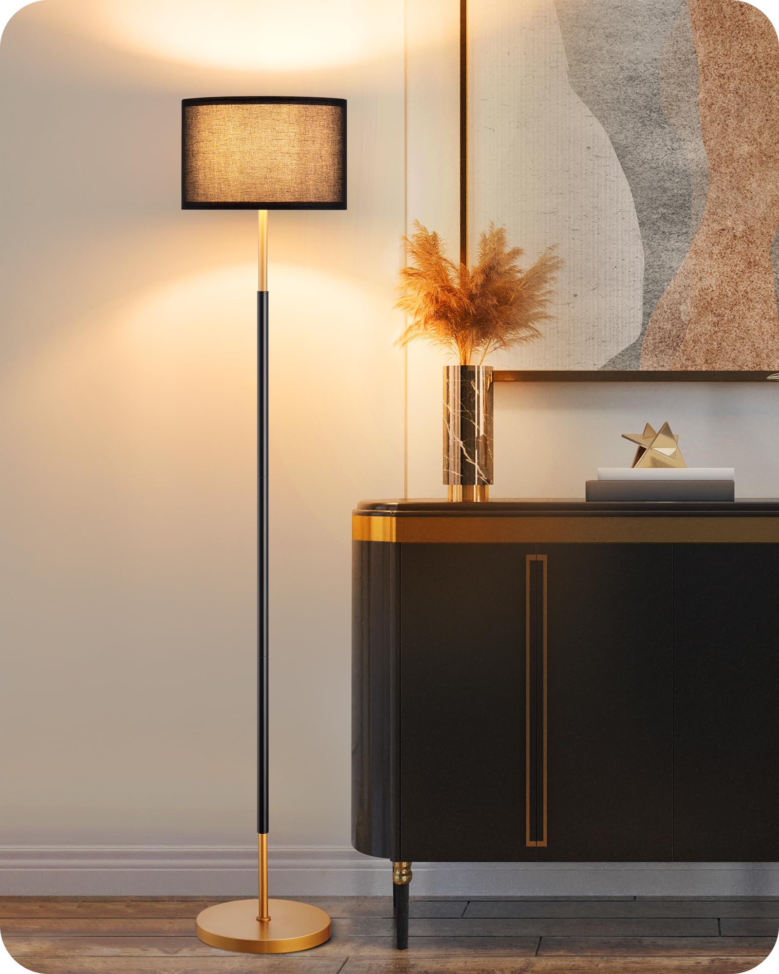 EDISHINE Lámpara de Pie Minimalista, Pantalla de Lino Negra, Bombilla LED incluida, Casquillo E27, Interruptor de Pie, Lámpara de Arco para Dormitorio, Salón, Oficina