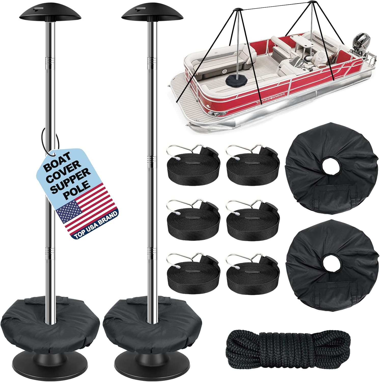 Pontoon Boat Cover Support Poles 2 Pack | Sectional Adjustable stainless steel Boat Cover Support Systems with Webbing Straps and Weight Bag