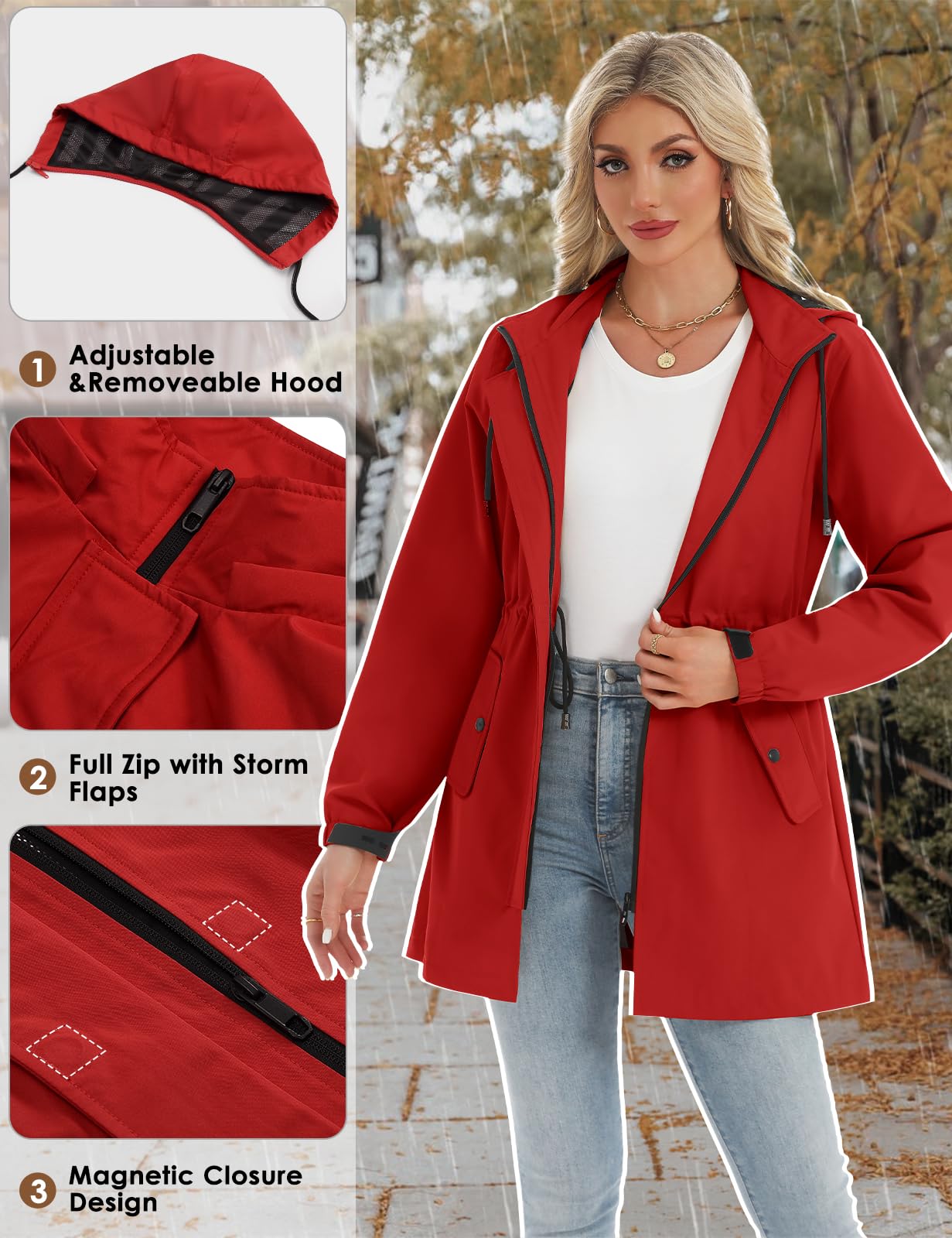 CMTOP Impermeabile Donna Antipioggia Giacca a Vento Leggero Traspirante Cappotto di Pioggia, Antivento Mantella Antipioggia Trench Raincoat con Cappuccio con Coulisse All'aperto